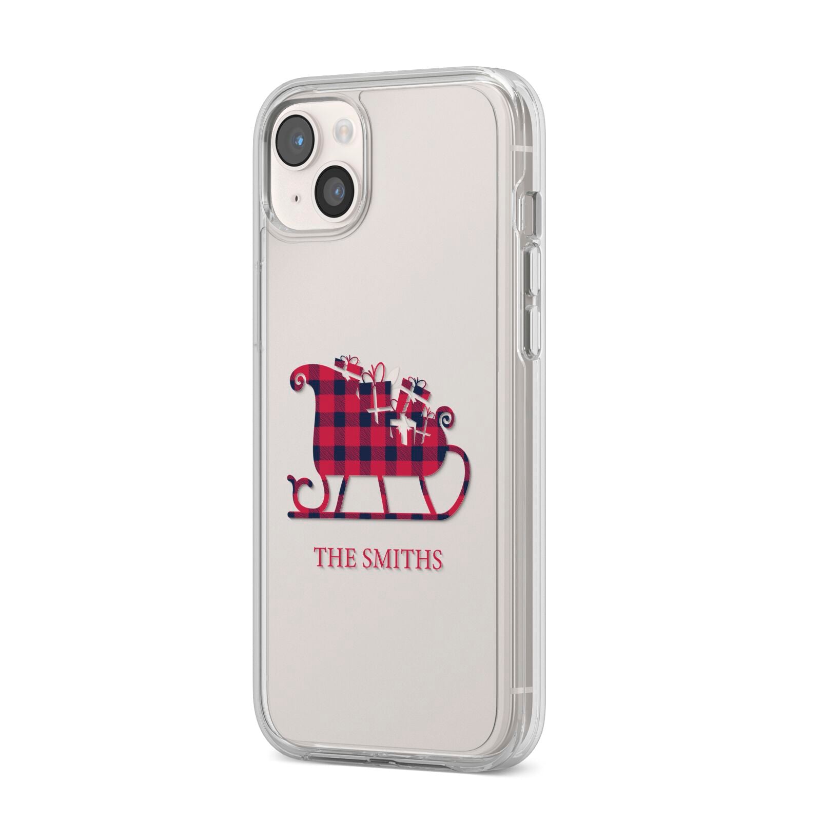 Tartan Santa Sleigh Personalised Surname iPhone 14 Plus Clear Tough Case Starlight Angled Image