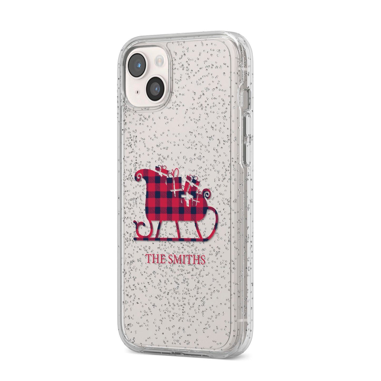 Tartan Santa Sleigh Personalised Surname iPhone 14 Plus Glitter Tough Case Starlight Angled Image