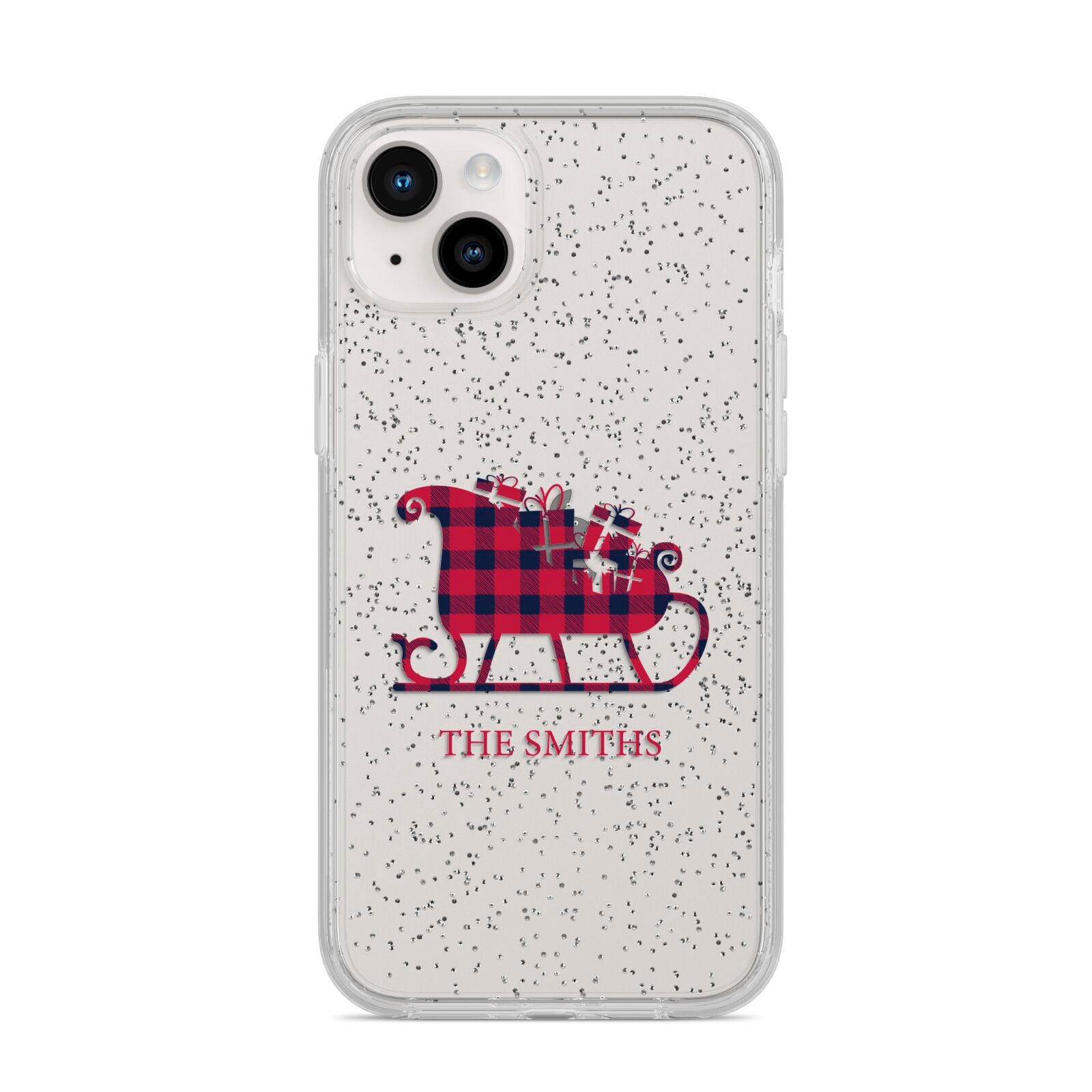 Tartan Santa Sleigh Personalised Surname iPhone 14 Plus Glitter Tough Case Starlight