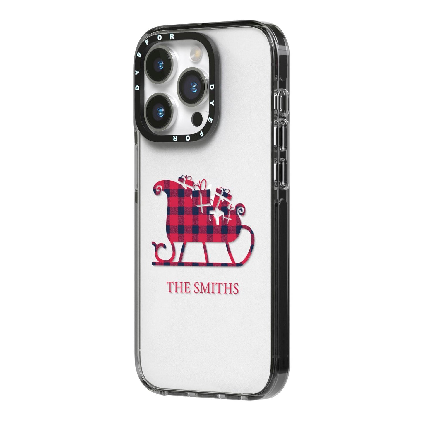 Tartan Santa Sleigh Personalised Surname iPhone 14 Pro Black Impact Case Side Angle on Silver phone