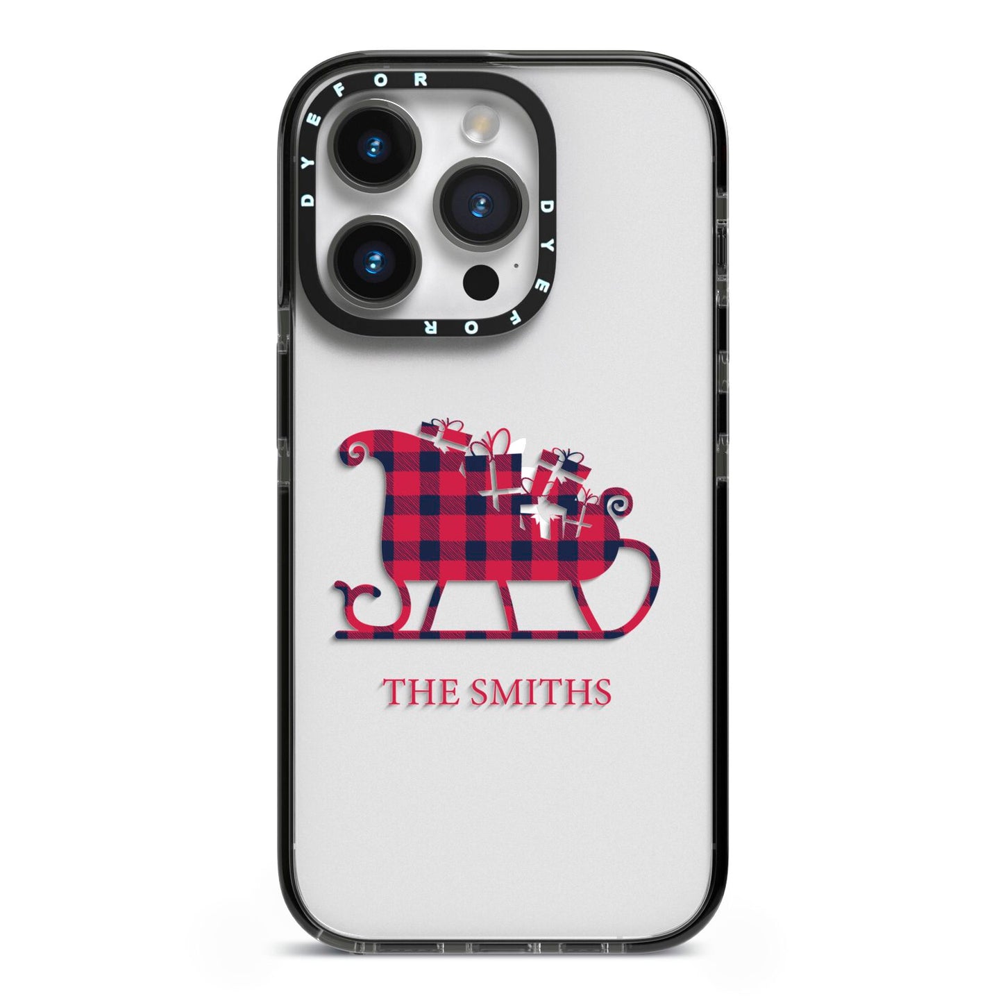 Tartan Santa Sleigh Personalised Surname iPhone 14 Pro Black Impact Case on Silver phone