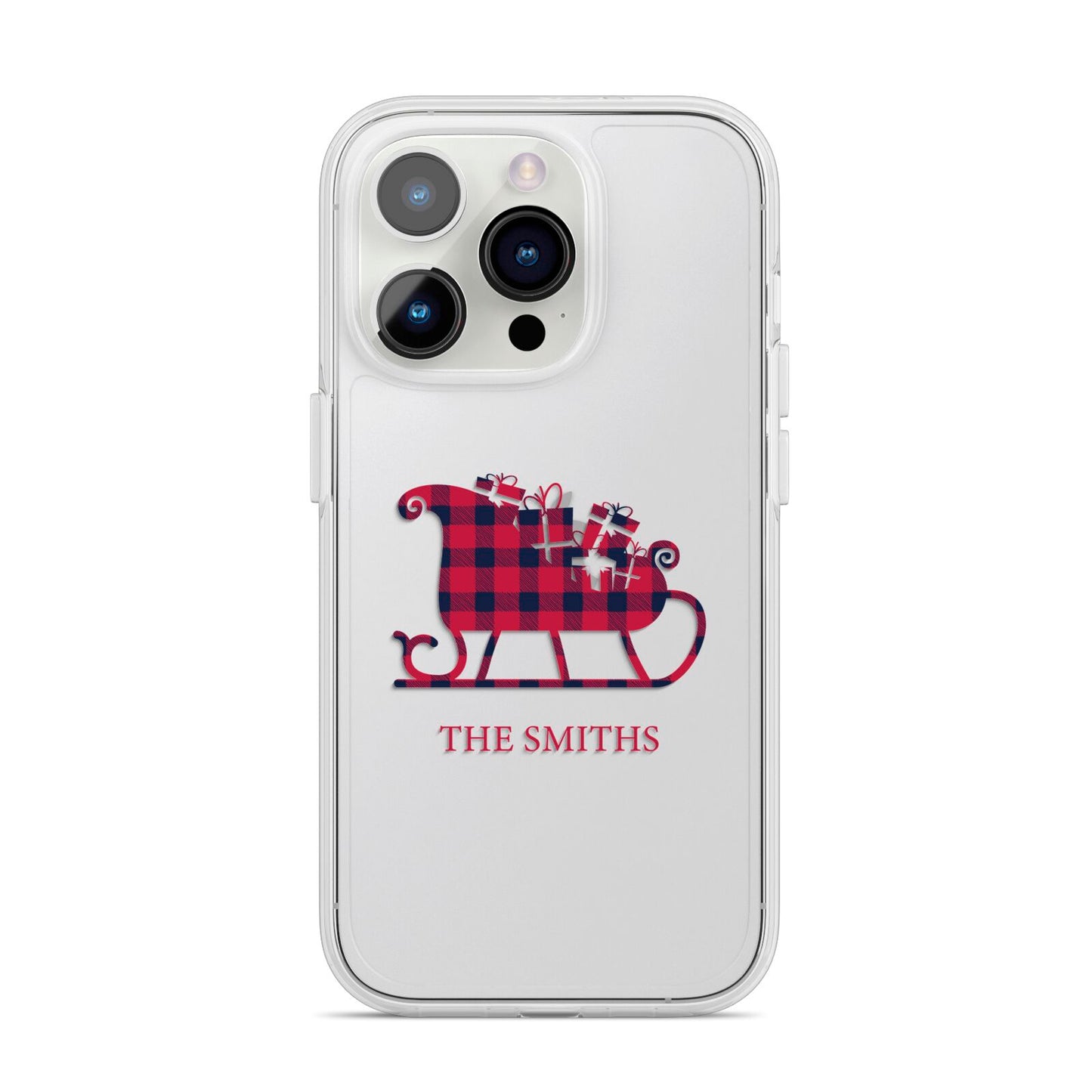 Tartan Santa Sleigh Personalised Surname iPhone 14 Pro Clear Tough Case Silver