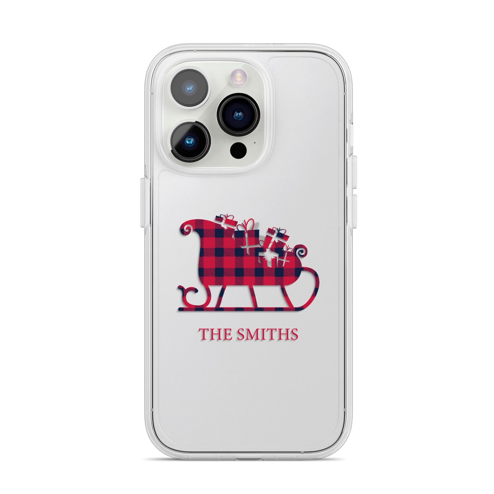 Tartan Santa Sleigh Personalised Surname iPhone 14 Pro Clear Tough Case Silver