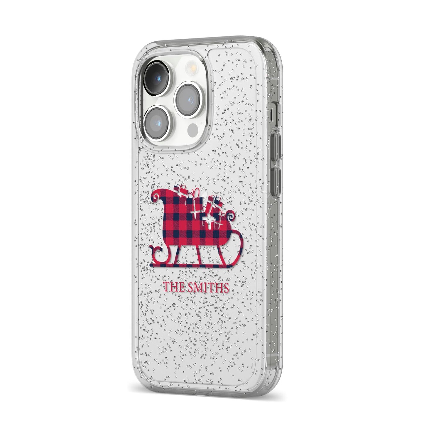 Tartan Santa Sleigh Personalised Surname iPhone 14 Pro Glitter Tough Case Silver Angled Image