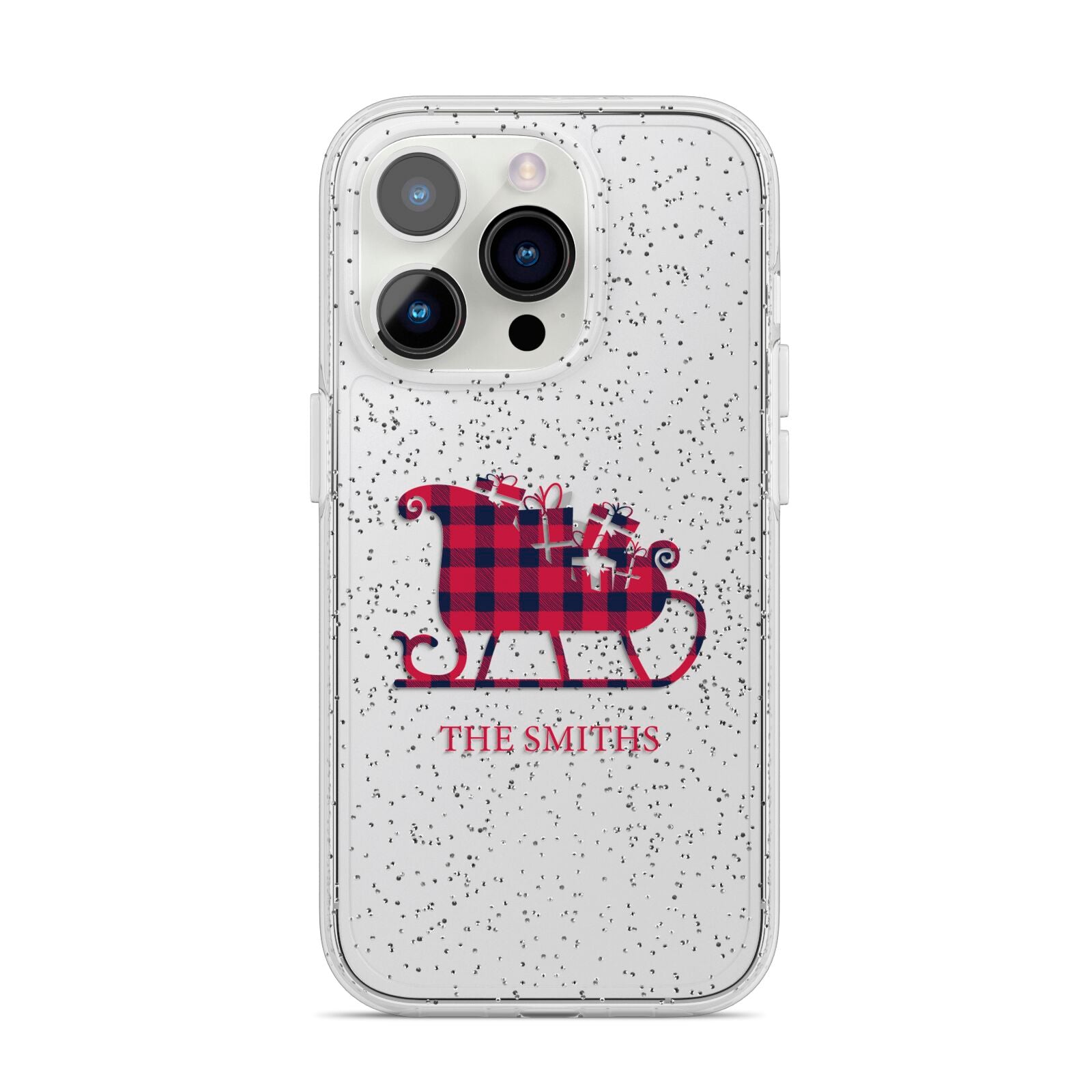 Tartan Santa Sleigh Personalised Surname iPhone 14 Pro Glitter Tough Case Silver