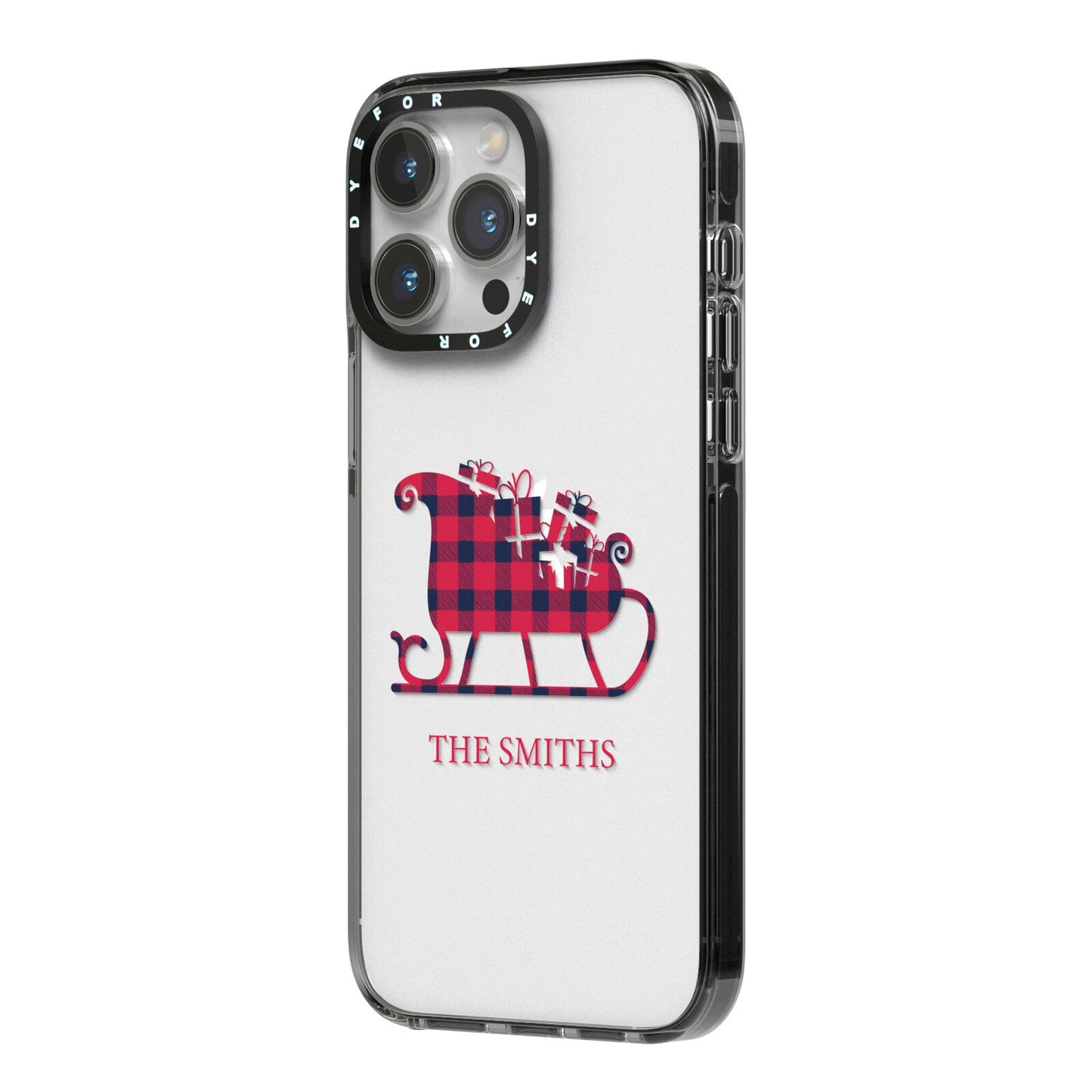 Tartan Santa Sleigh Personalised Surname iPhone 14 Pro Max Black Impact Case Side Angle on Silver phone