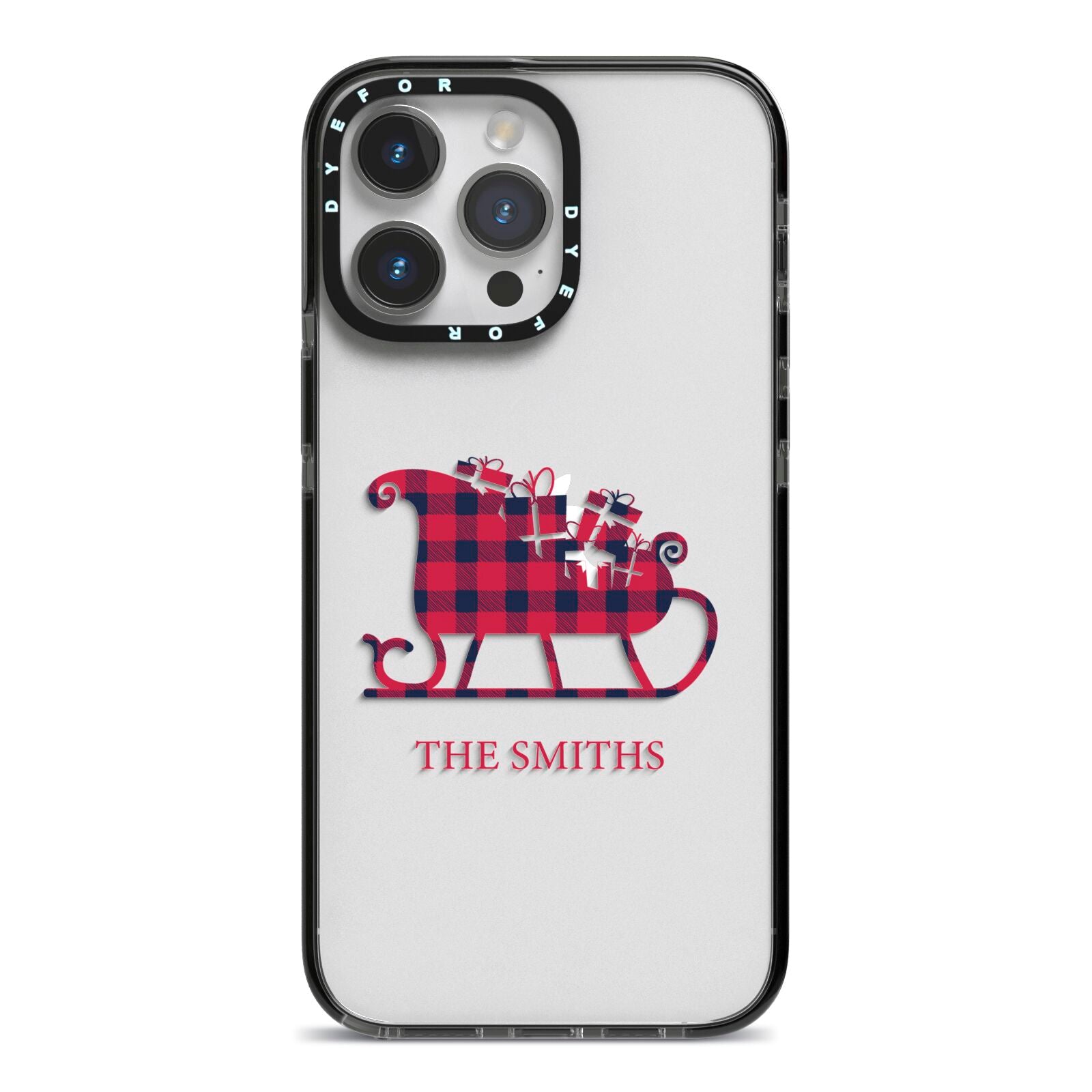 Tartan Santa Sleigh Personalised Surname iPhone 14 Pro Max Black Impact Case on Silver phone