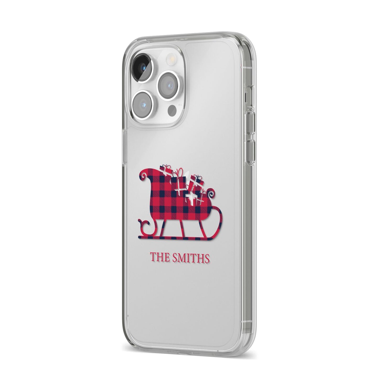 Tartan Santa Sleigh Personalised Surname iPhone 14 Pro Max Clear Tough Case Silver Angled Image