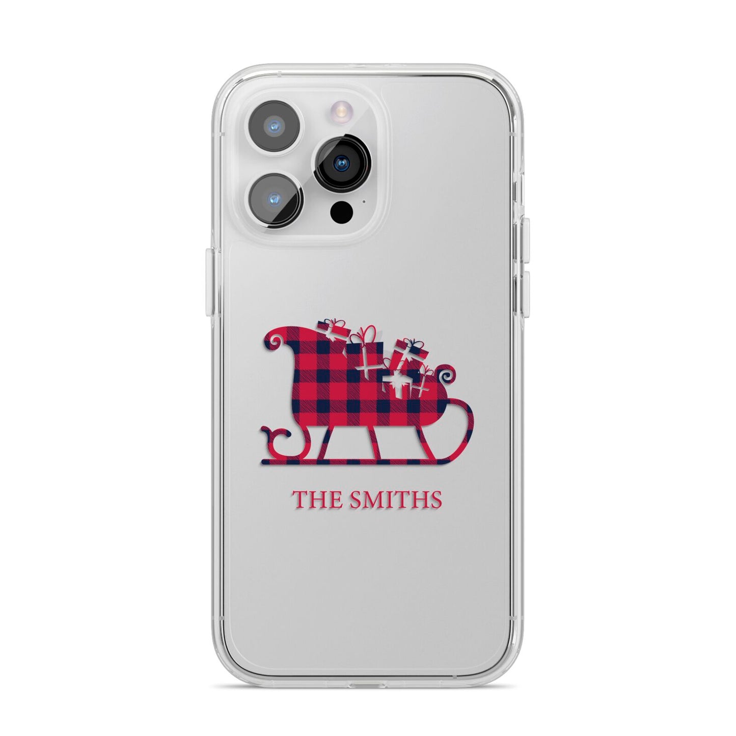 Tartan Santa Sleigh Personalised Surname iPhone 14 Pro Max Clear Tough Case Silver