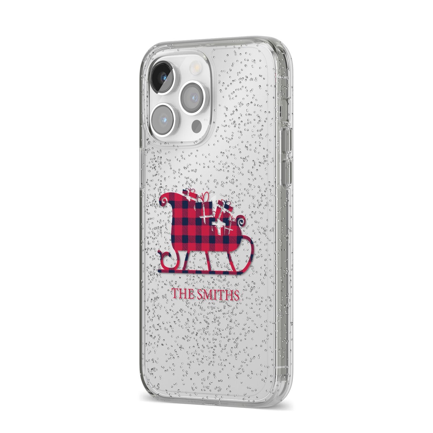 Tartan Santa Sleigh Personalised Surname iPhone 14 Pro Max Glitter Tough Case Silver Angled Image