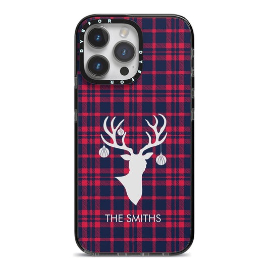 Tartan Stag Personalised Family Name iPhone 14 Pro Max Black Impact Case on Silver phone