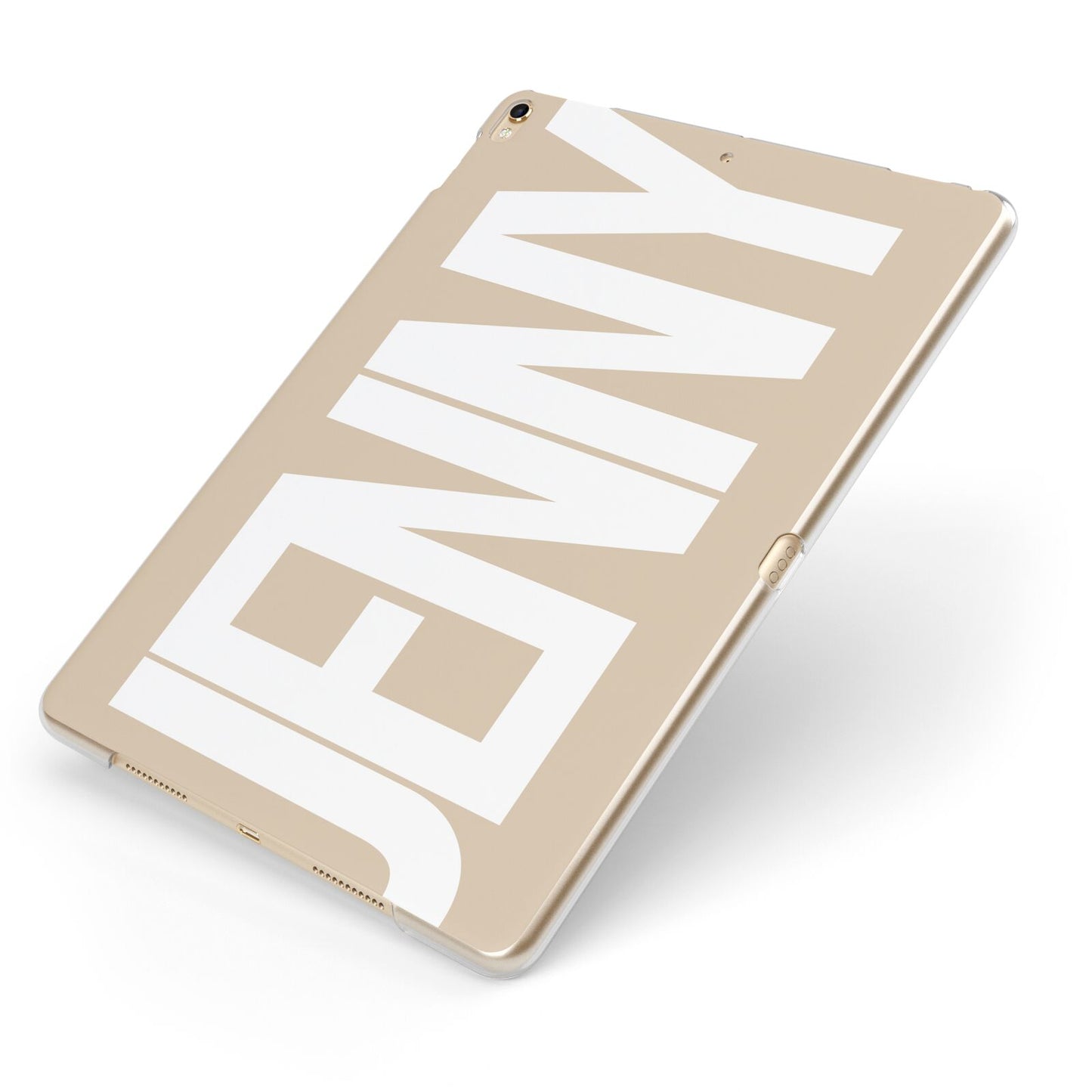 Taupe with Bold White Name Apple iPad Case on Gold iPad Side View