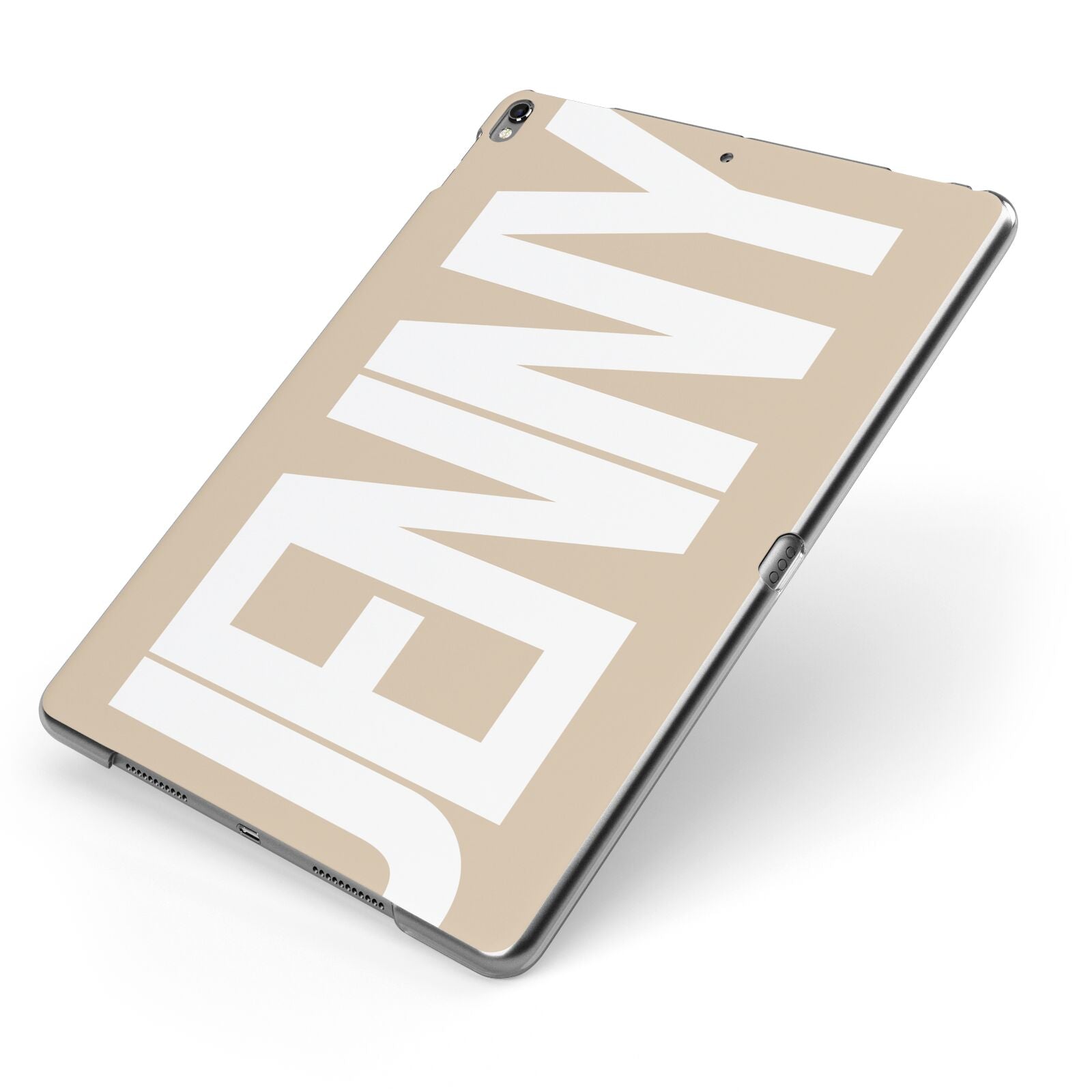 Taupe with Bold White Name Apple iPad Case on Grey iPad Side View