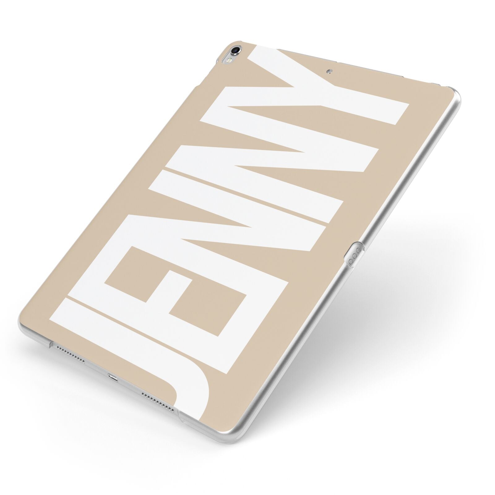 Taupe with Bold White Name Apple iPad Case on Silver iPad Side View