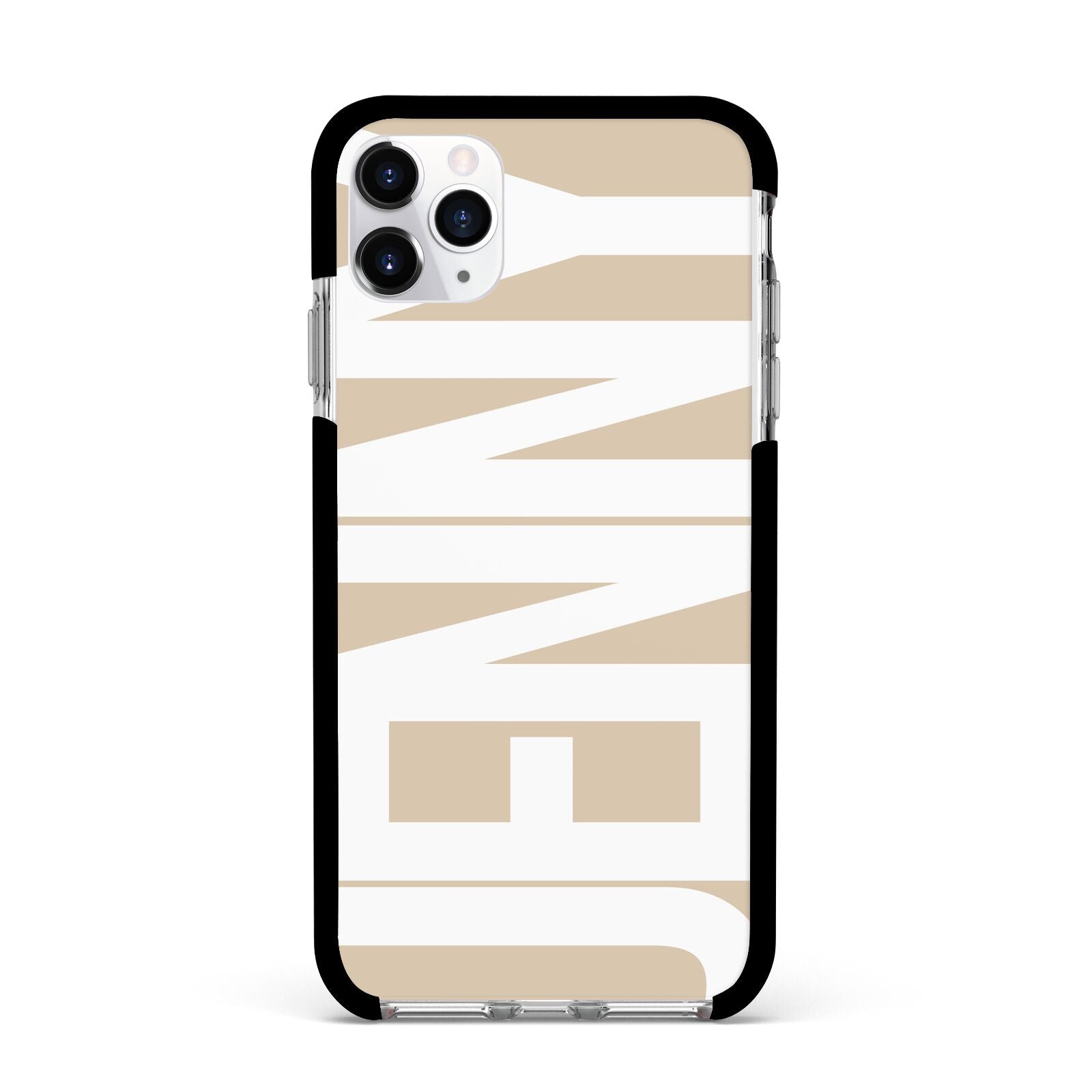 Taupe with Bold White Name Apple iPhone 11 Pro Max in Silver with Black Impact Case