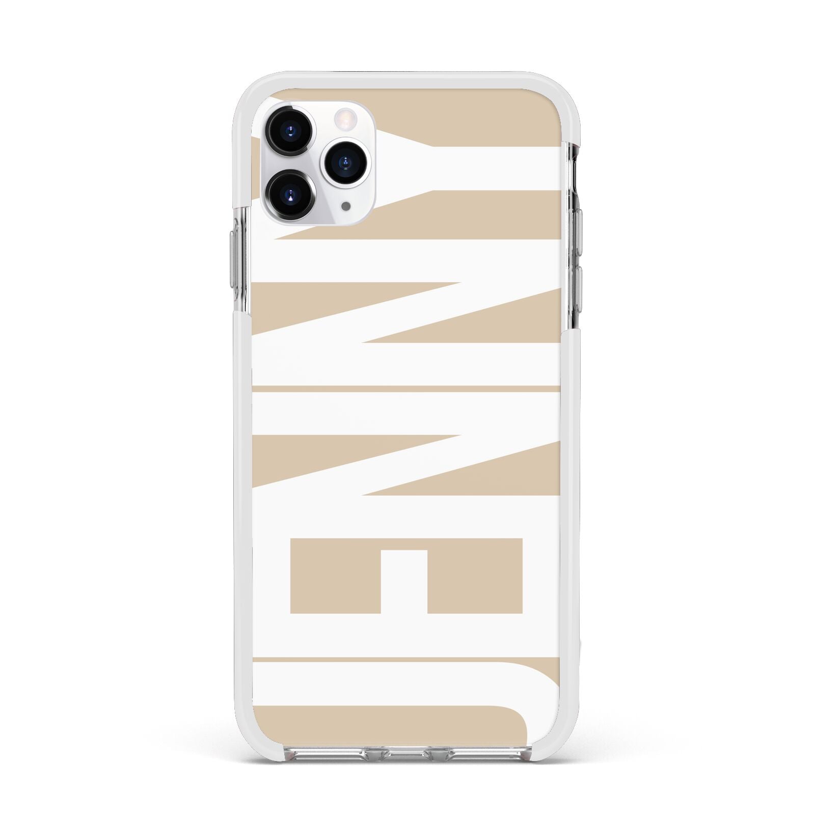 Taupe with Bold White Name Apple iPhone 11 Pro Max in Silver with White Impact Case