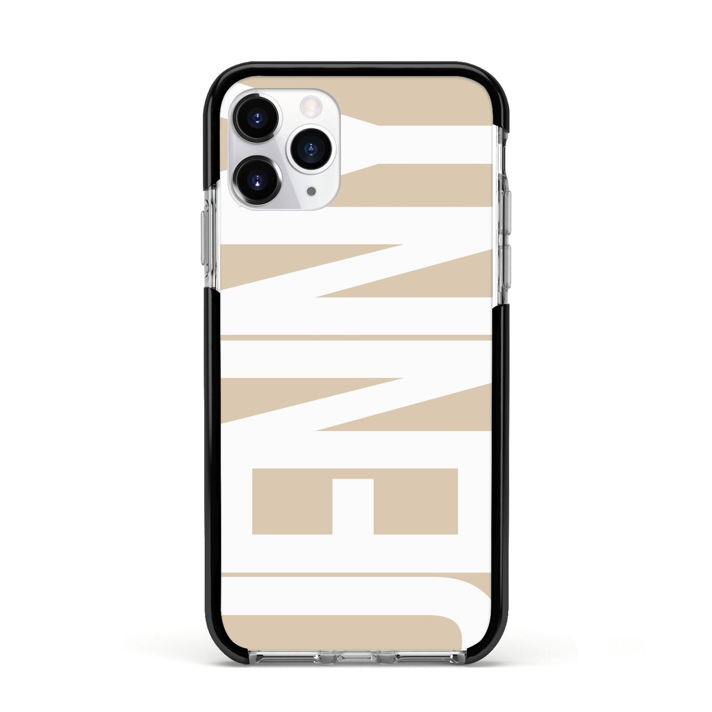 Taupe with Bold White Name Apple iPhone 11 Pro in Silver with Black Impact Case