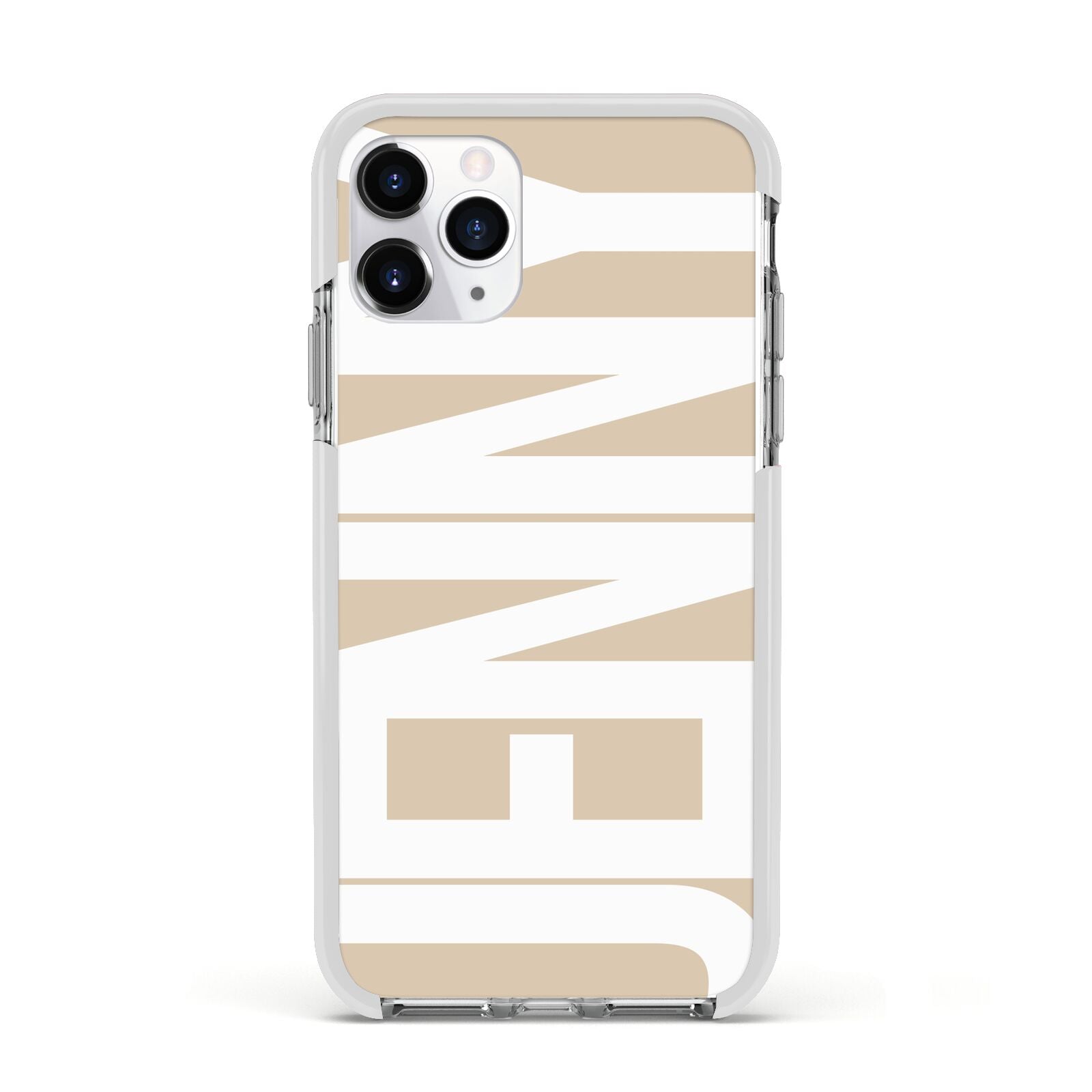 Taupe with Bold White Name Apple iPhone 11 Pro in Silver with White Impact Case