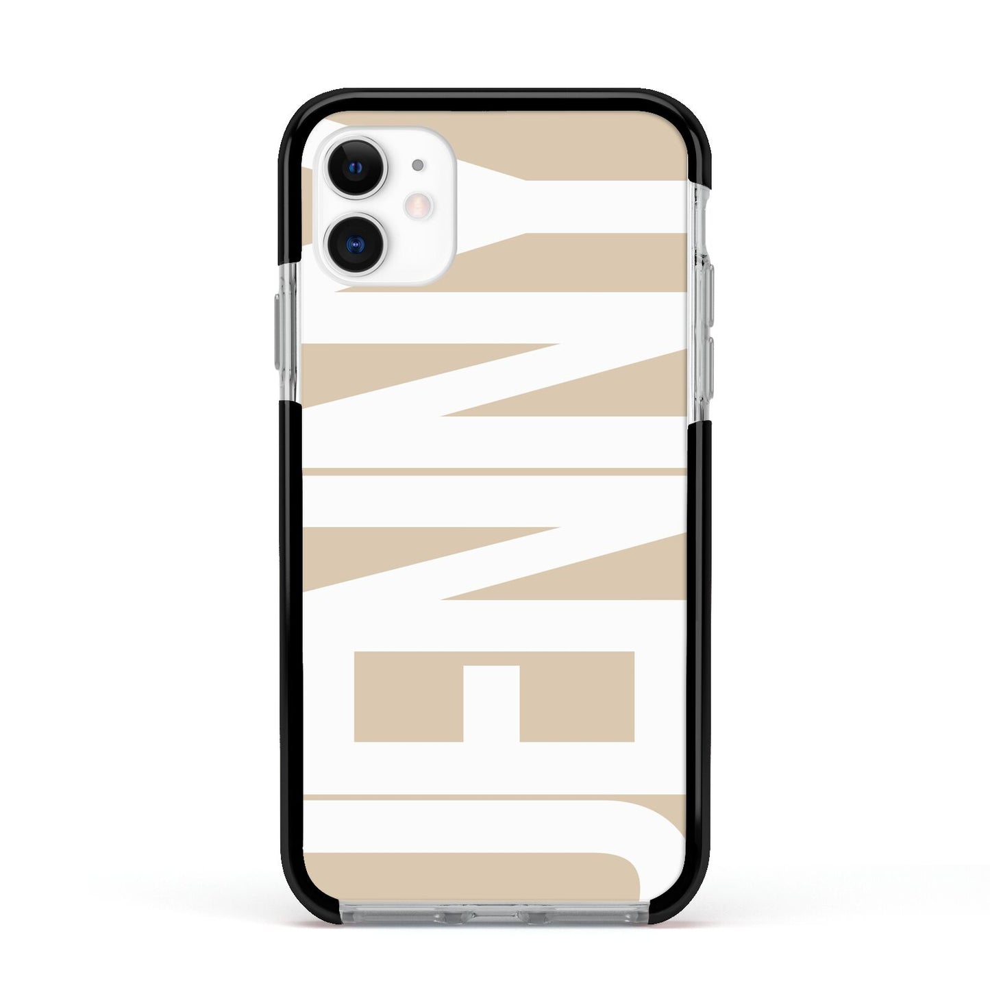 Taupe with Bold White Name Apple iPhone 11 in White with Black Impact Case