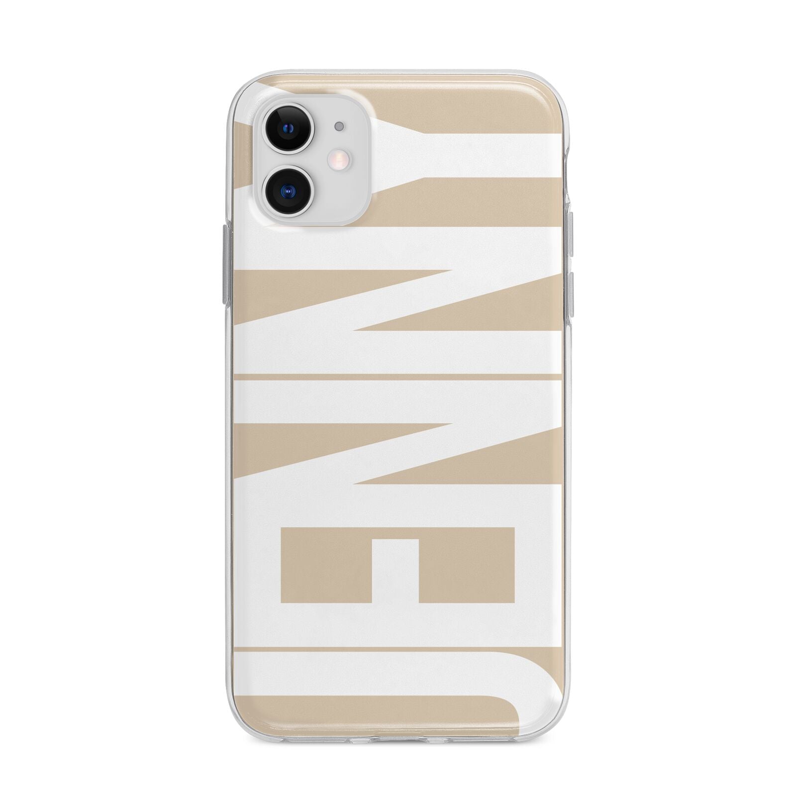 Taupe with Bold White Name Apple iPhone 11 in White with Bumper Case