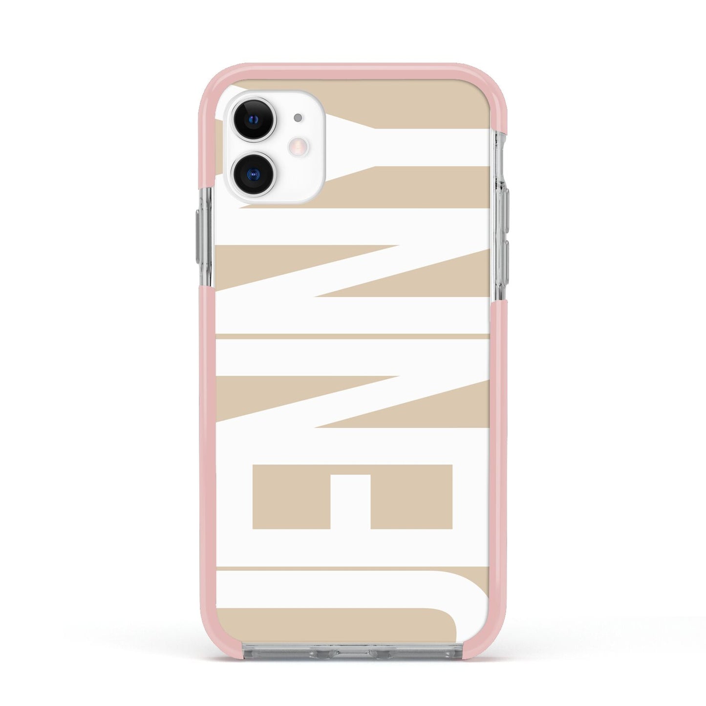 Taupe with Bold White Name Apple iPhone 11 in White with Pink Impact Case