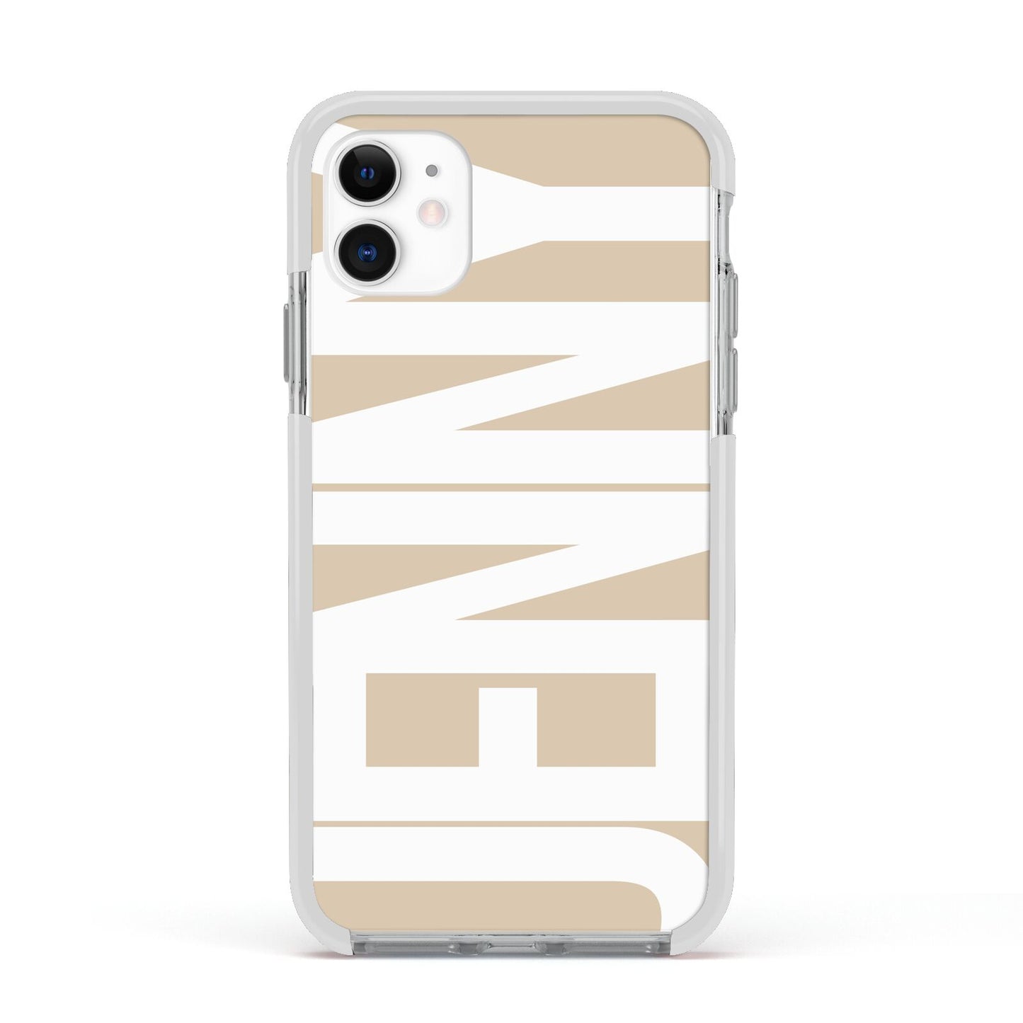 Taupe with Bold White Name Apple iPhone 11 in White with White Impact Case