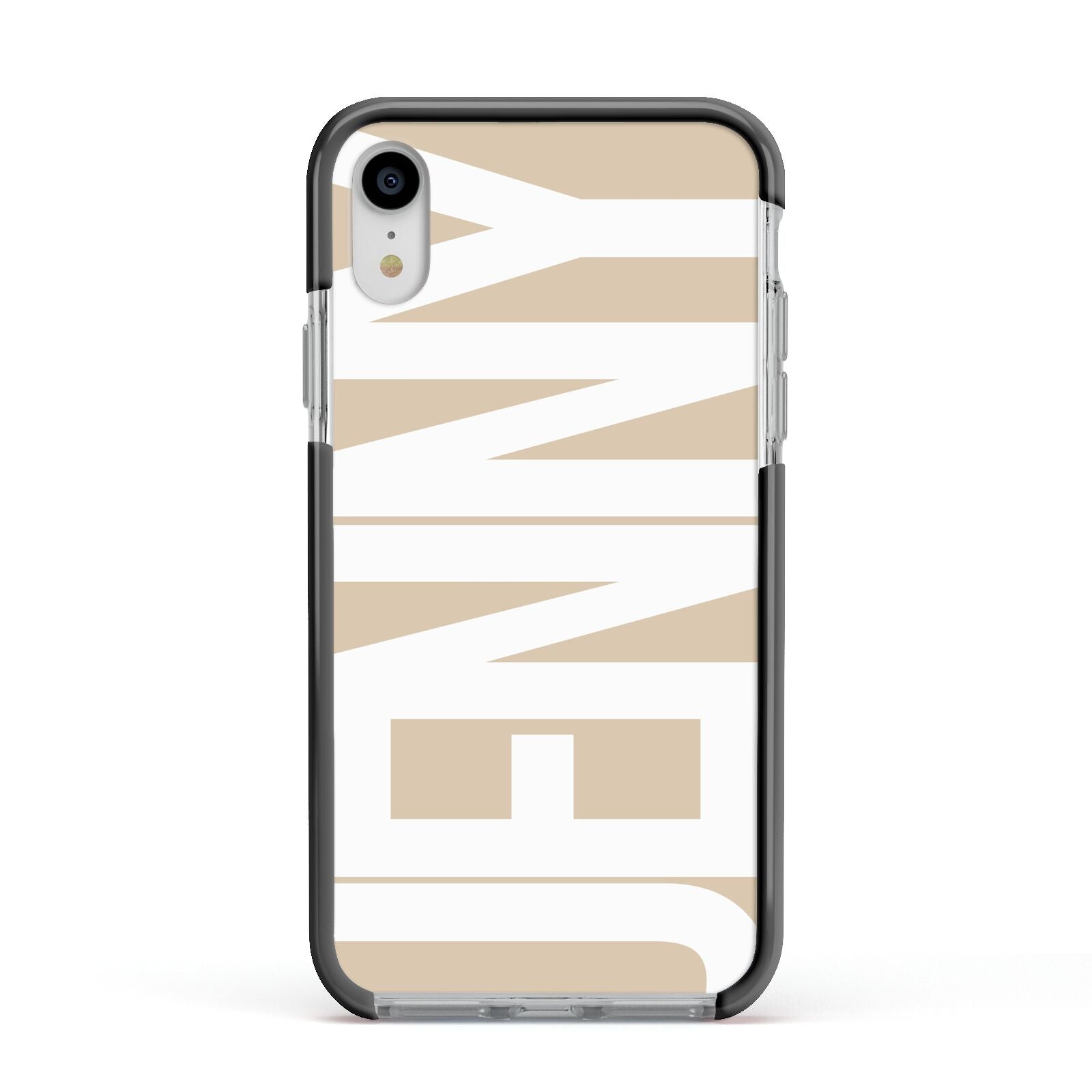 Taupe with Bold White Name Apple iPhone XR Impact Case Black Edge on Silver Phone