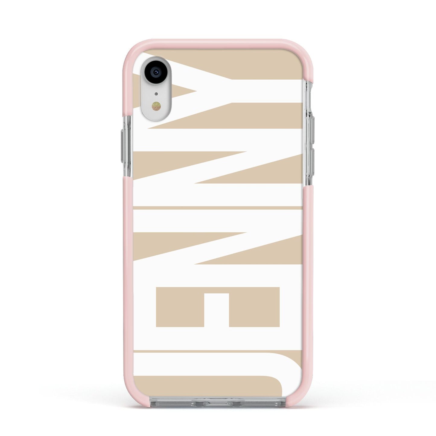 Taupe with Bold White Name Apple iPhone XR Impact Case Pink Edge on Silver Phone