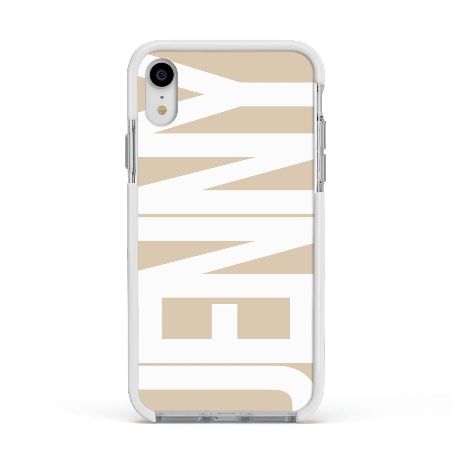 Taupe with Bold White Name Apple iPhone XR Impact Case White Edge on Silver Phone