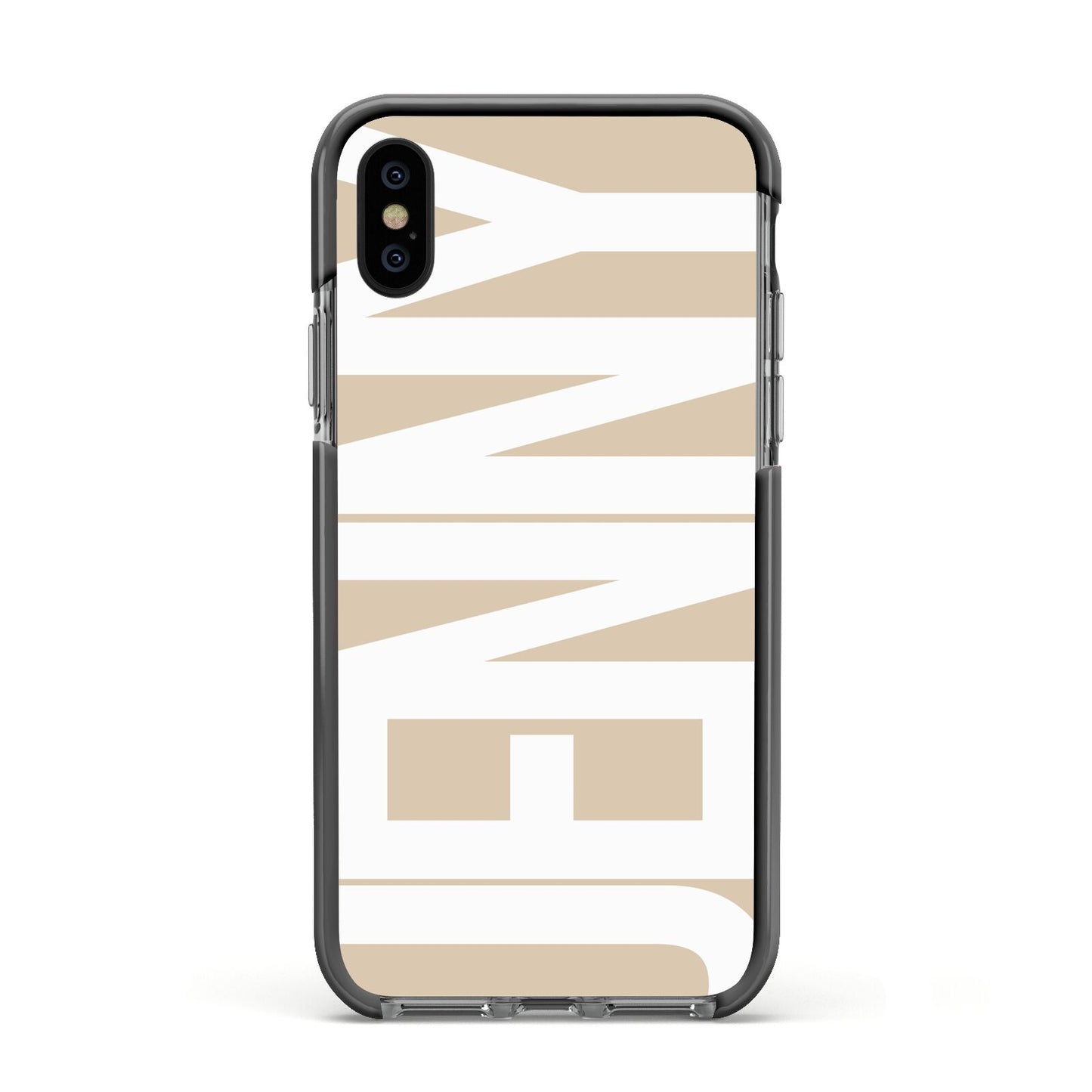 Taupe with Bold White Name Apple iPhone Xs Impact Case Black Edge on Black Phone