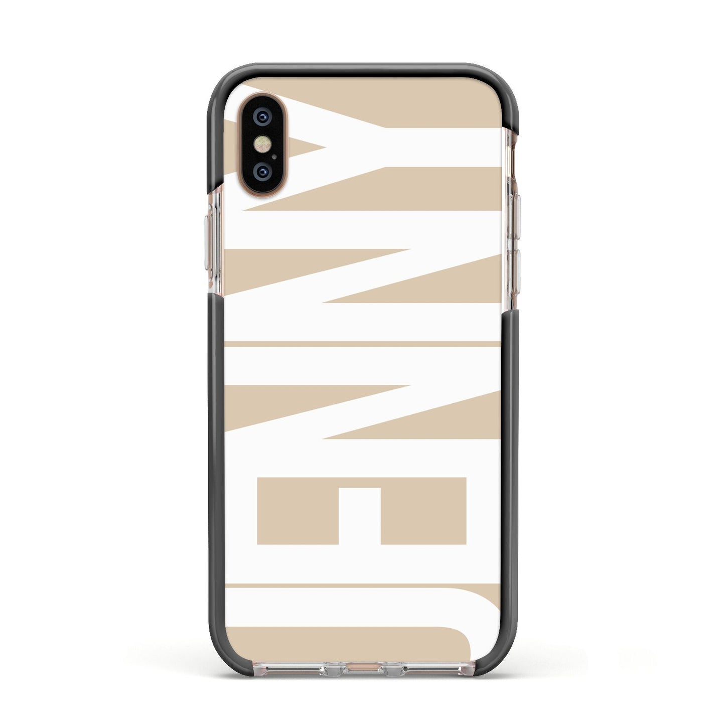 Taupe with Bold White Name Apple iPhone Xs Impact Case Black Edge on Gold Phone