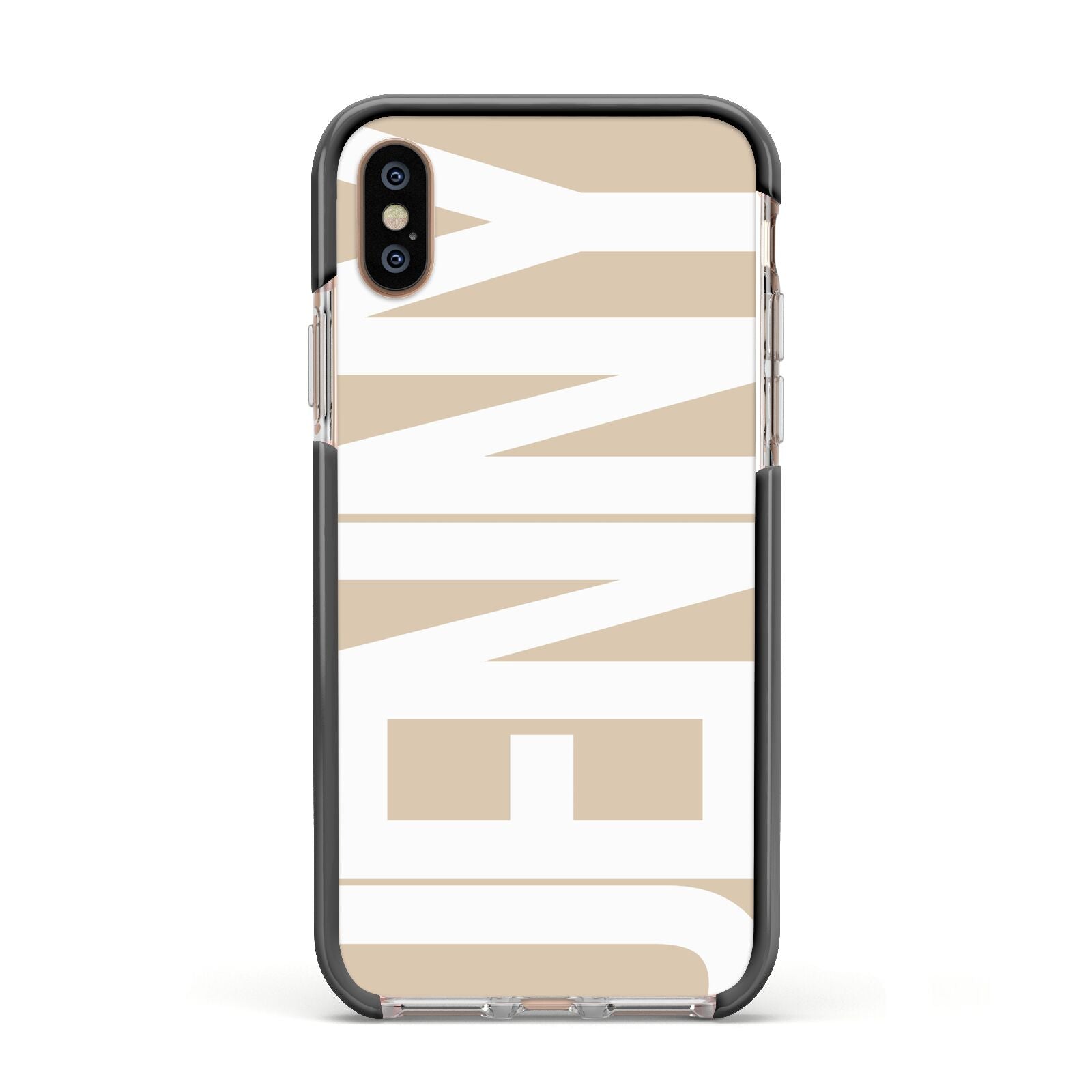 Taupe with Bold White Name Apple iPhone Xs Impact Case Black Edge on Gold Phone