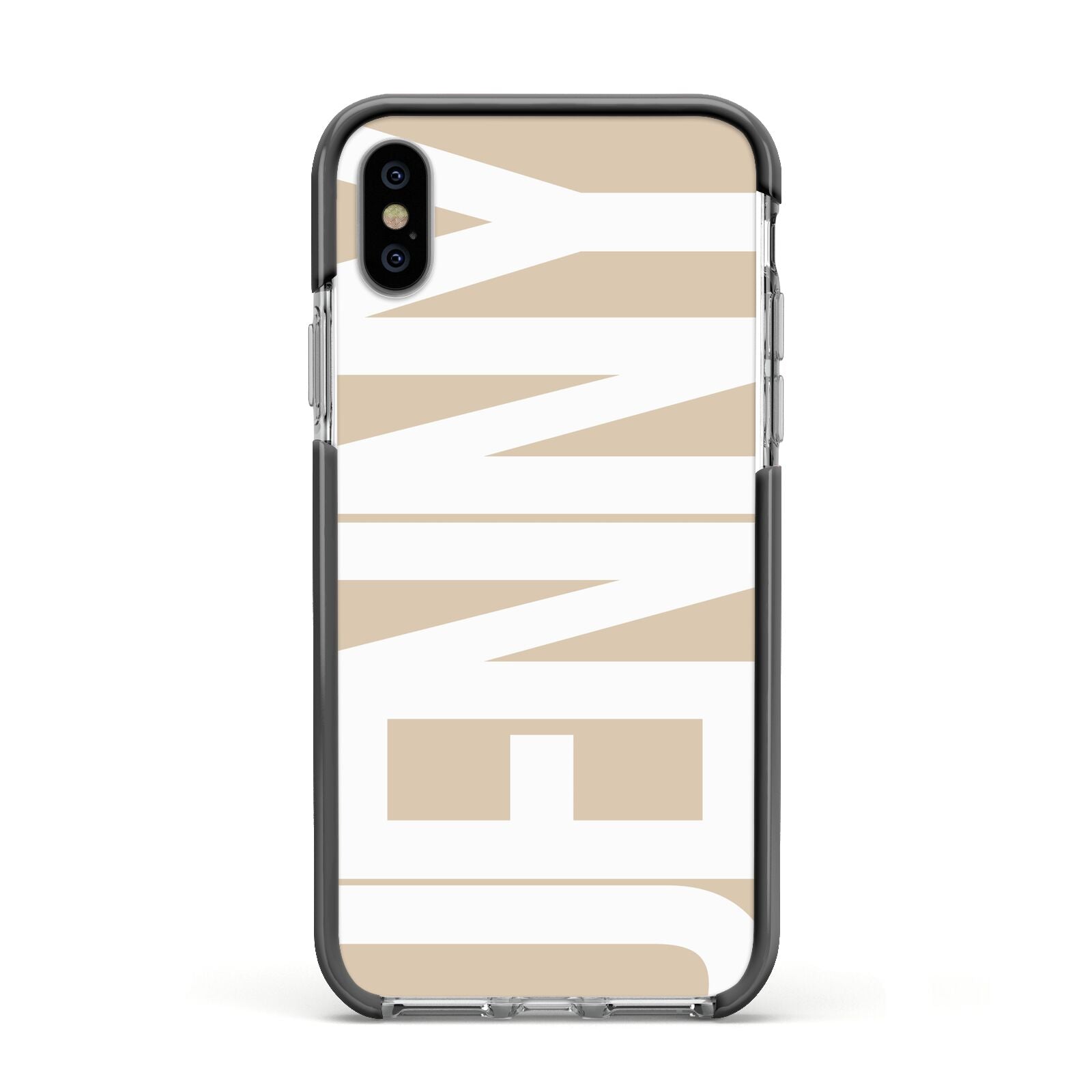 Taupe with Bold White Name Apple iPhone Xs Impact Case Black Edge on Silver Phone