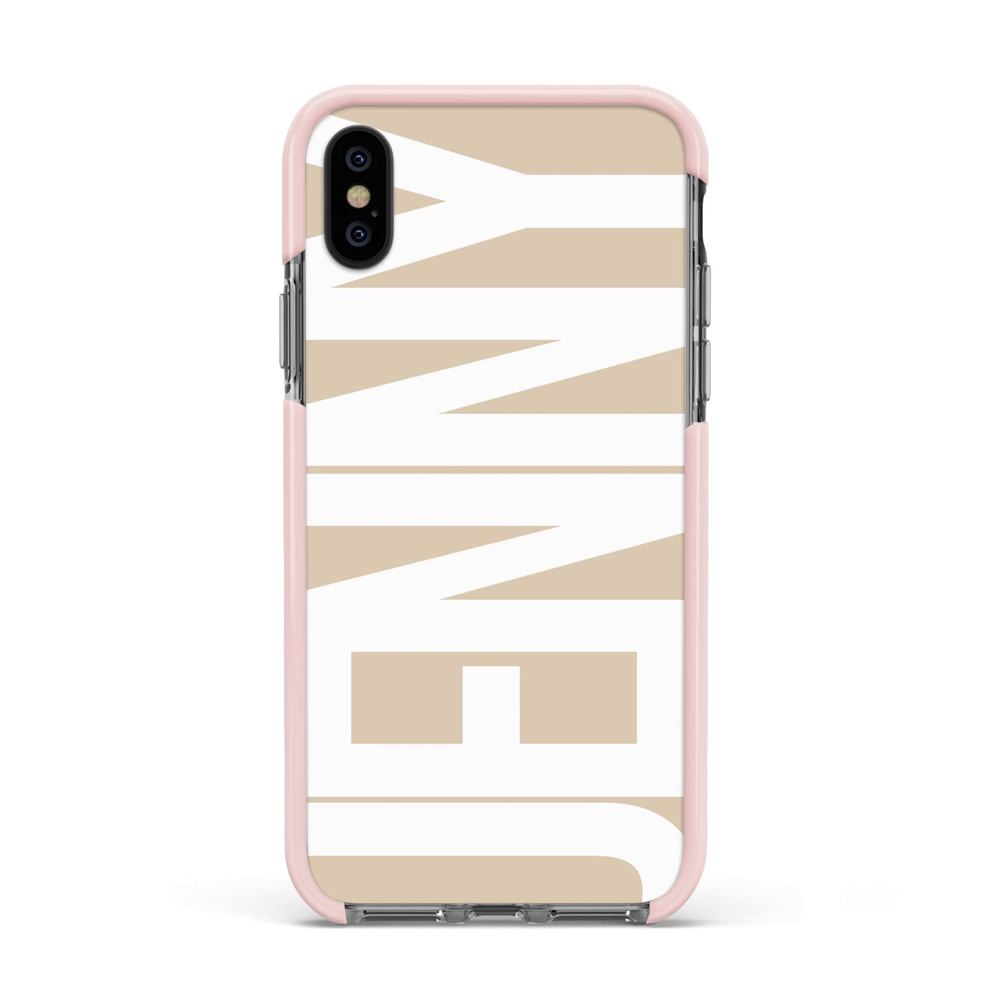 Taupe with Bold White Name Apple iPhone Xs Impact Case Pink Edge on Black Phone