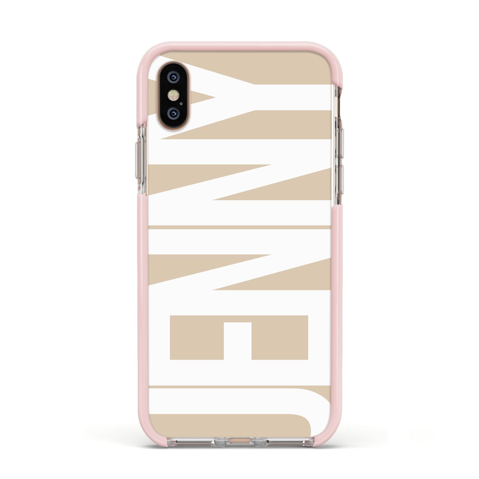 Taupe with Bold White Name Apple iPhone Xs Impact Case Pink Edge on Gold Phone