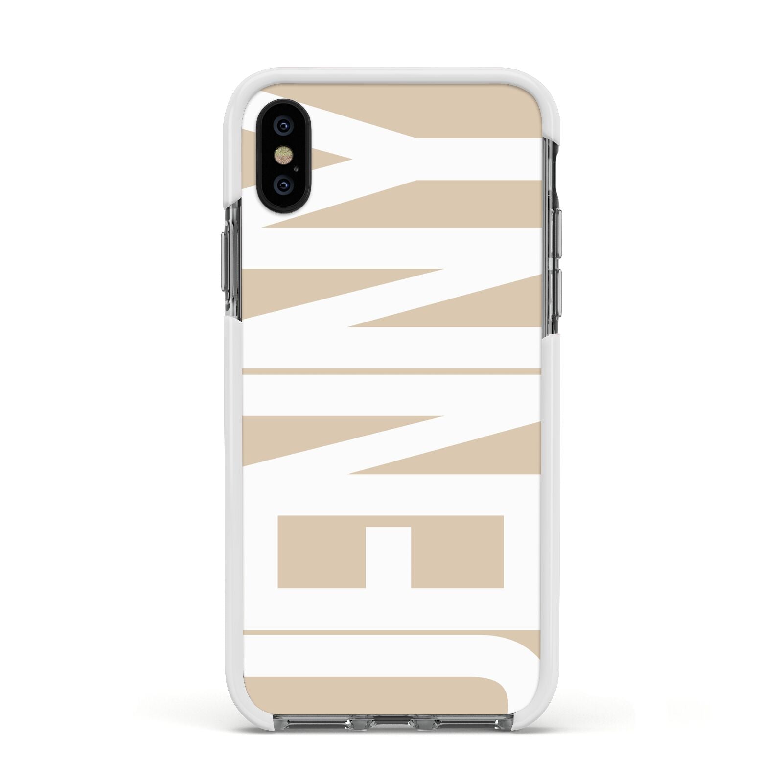 Taupe with Bold White Name Apple iPhone Xs Impact Case White Edge on Black Phone