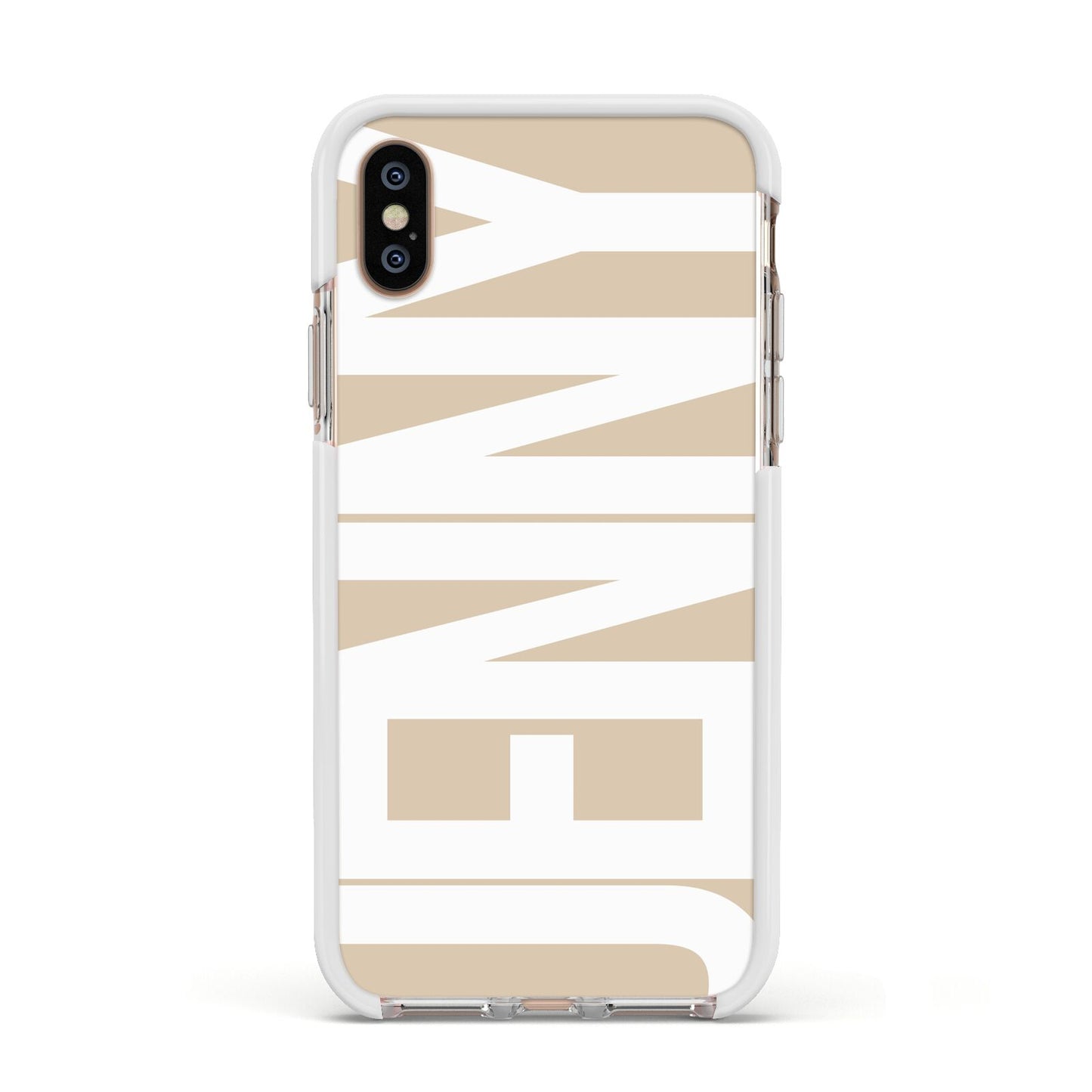 Taupe with Bold White Name Apple iPhone Xs Impact Case White Edge on Gold Phone