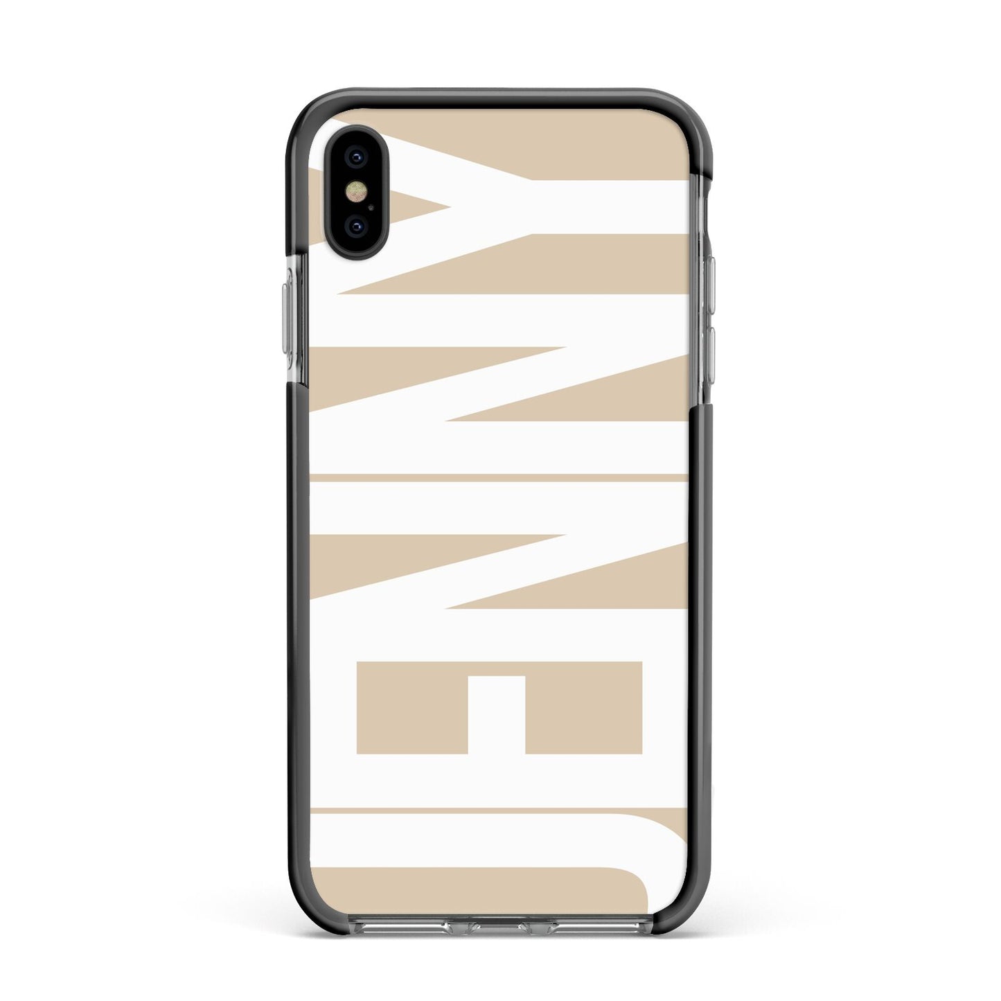 Taupe with Bold White Name Apple iPhone Xs Max Impact Case Black Edge on Black Phone