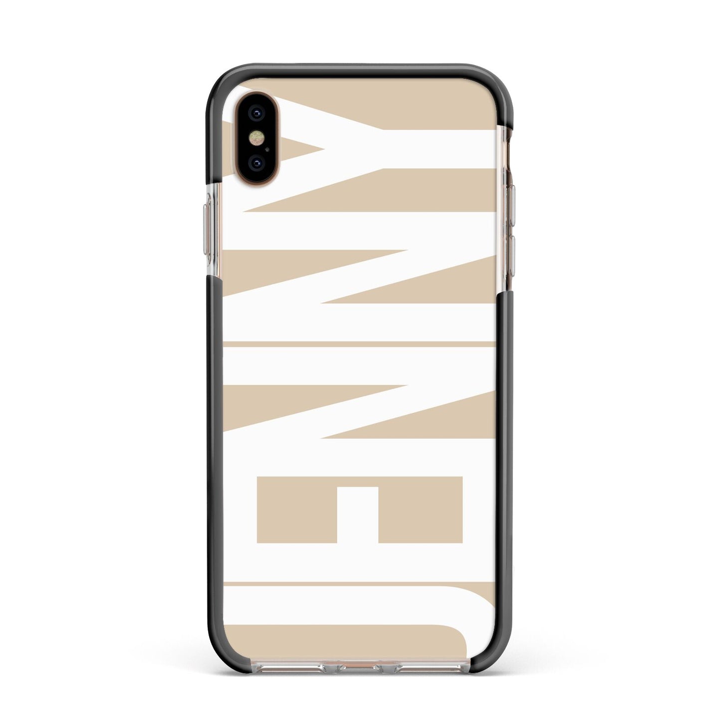 Taupe with Bold White Name Apple iPhone Xs Max Impact Case Black Edge on Gold Phone