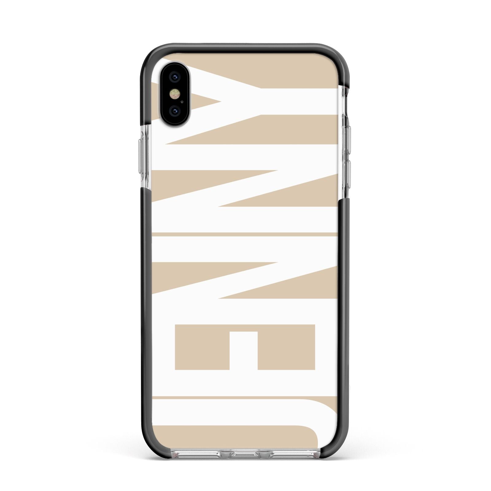 Taupe with Bold White Name Apple iPhone Xs Max Impact Case Black Edge on Silver Phone