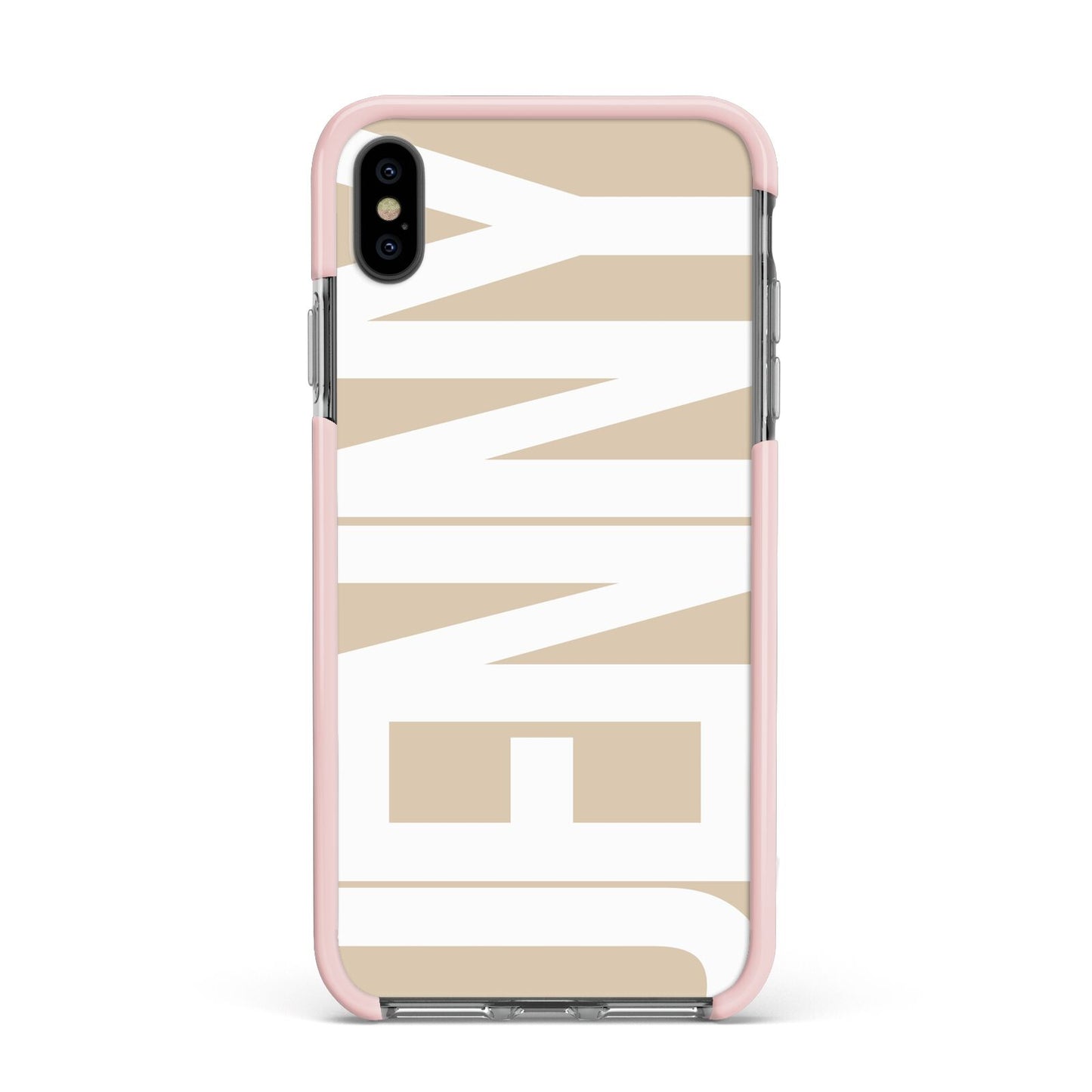 Taupe with Bold White Name Apple iPhone Xs Max Impact Case Pink Edge on Black Phone