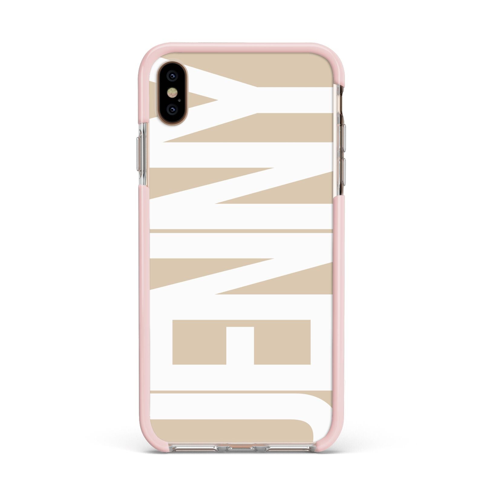 Taupe with Bold White Name Apple iPhone Xs Max Impact Case Pink Edge on Gold Phone