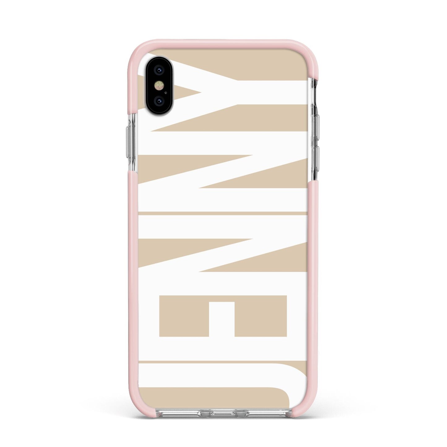 Taupe with Bold White Name Apple iPhone Xs Max Impact Case Pink Edge on Silver Phone