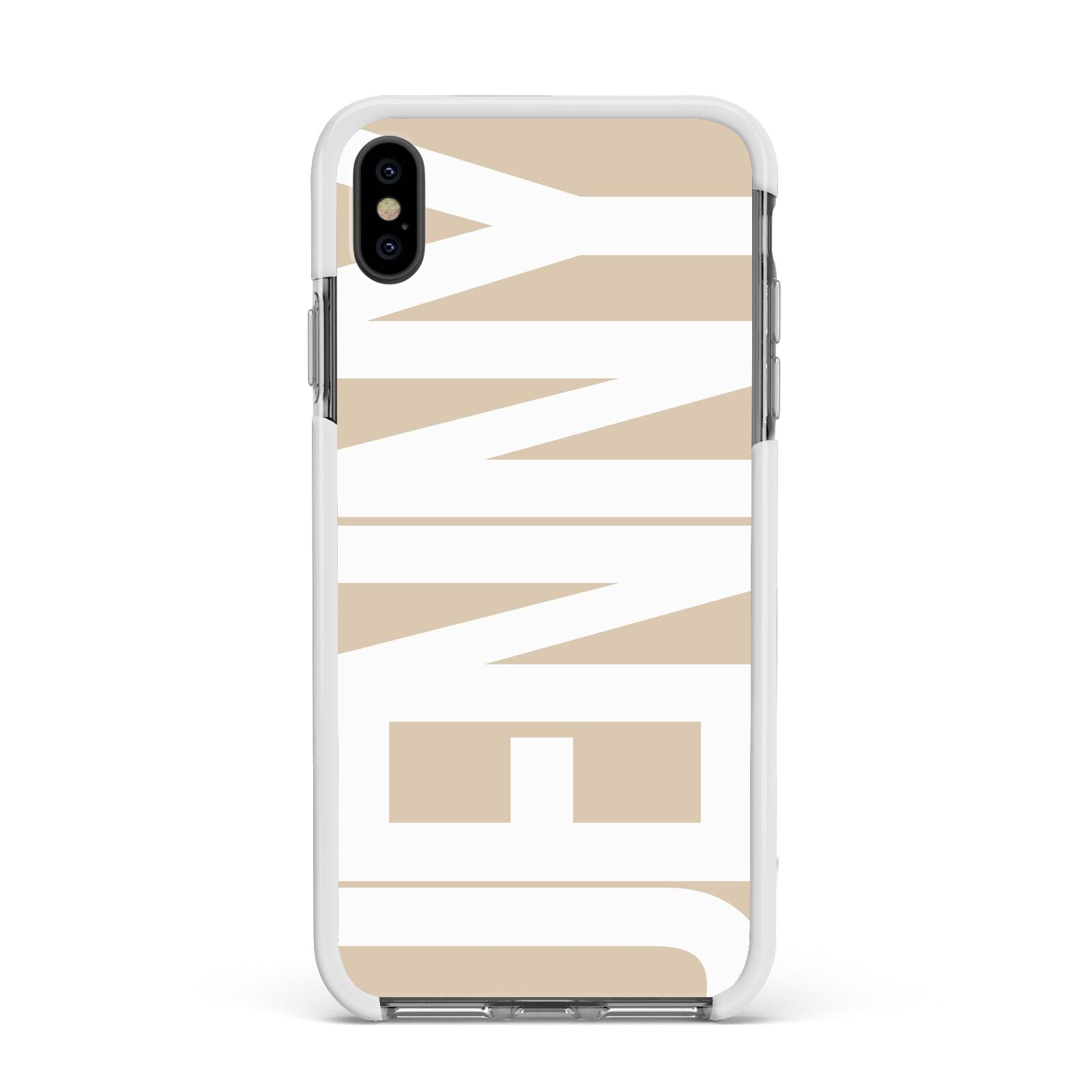 Taupe with Bold White Name Apple iPhone Xs Max Impact Case White Edge on Black Phone