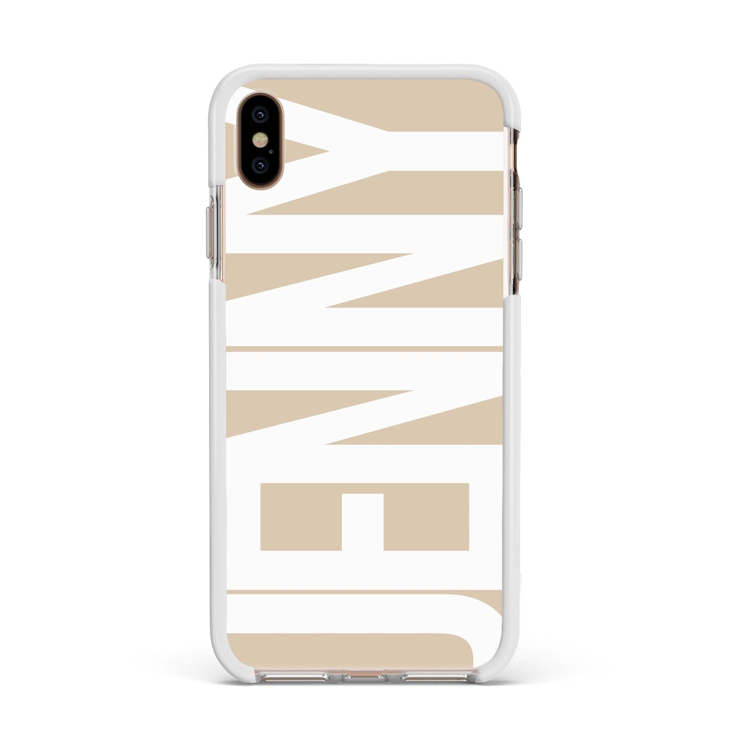 Taupe with Bold White Name Apple iPhone Xs Max Impact Case White Edge on Gold Phone