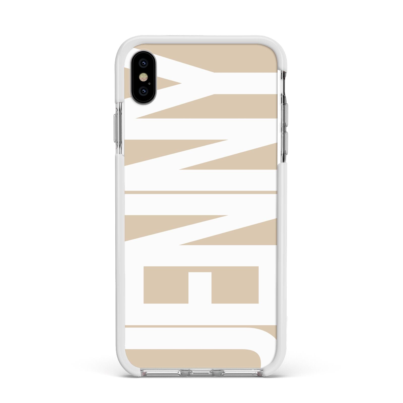 Taupe with Bold White Name Apple iPhone Xs Max Impact Case White Edge on Silver Phone