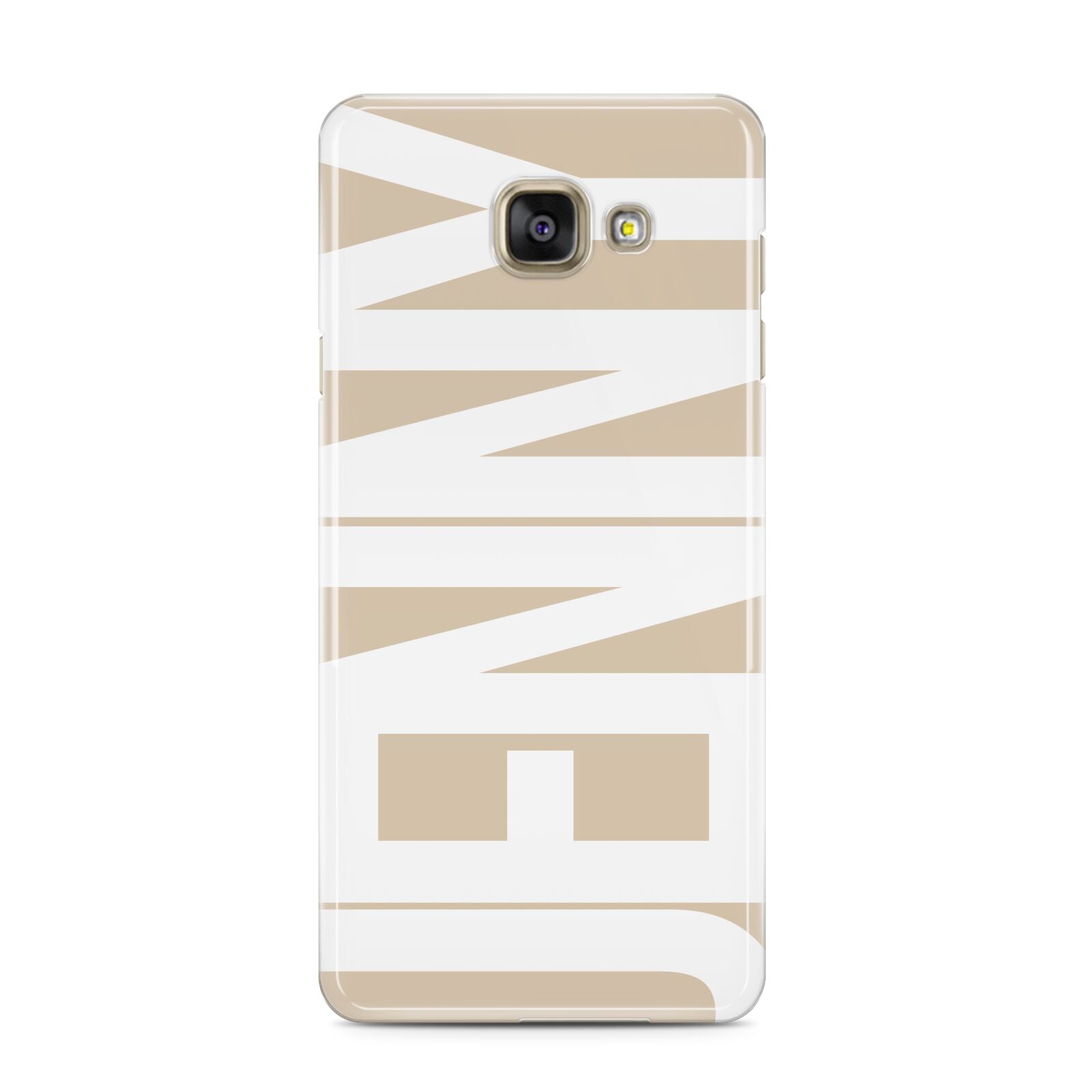 Taupe with Bold White Name Samsung Galaxy A3 2016 Case on gold phone