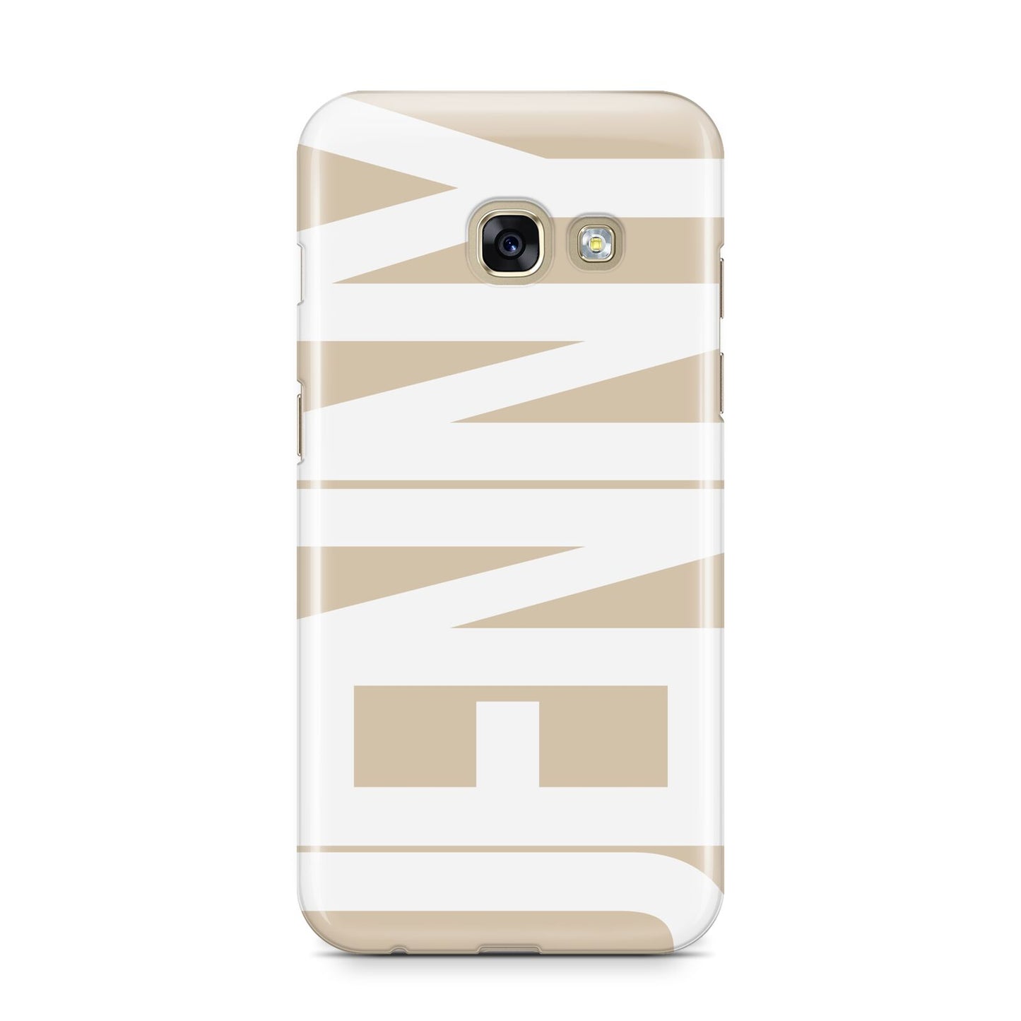 Taupe with Bold White Name Samsung Galaxy A3 2017 Case on gold phone