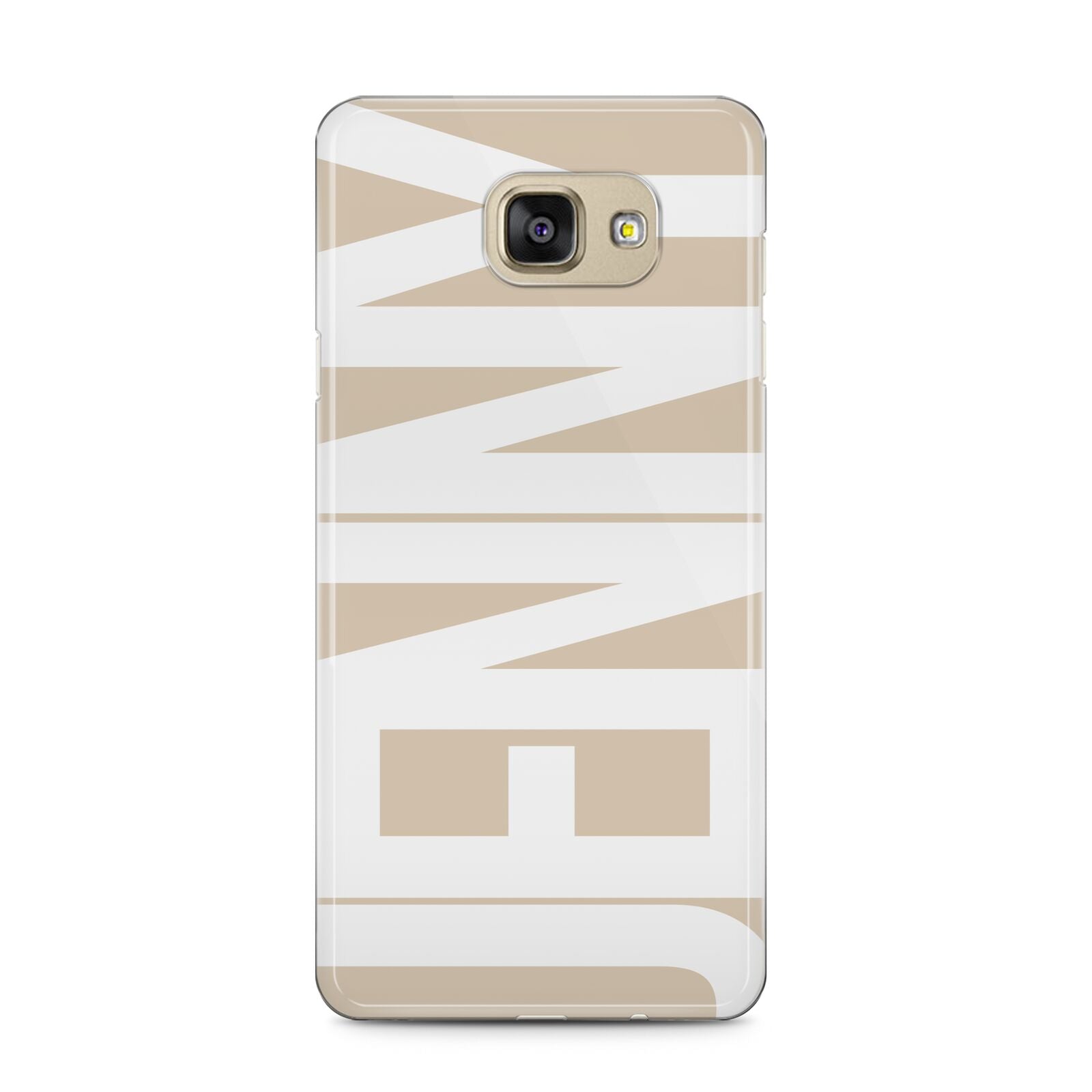 Taupe with Bold White Name Samsung Galaxy A5 2016 Case on gold phone