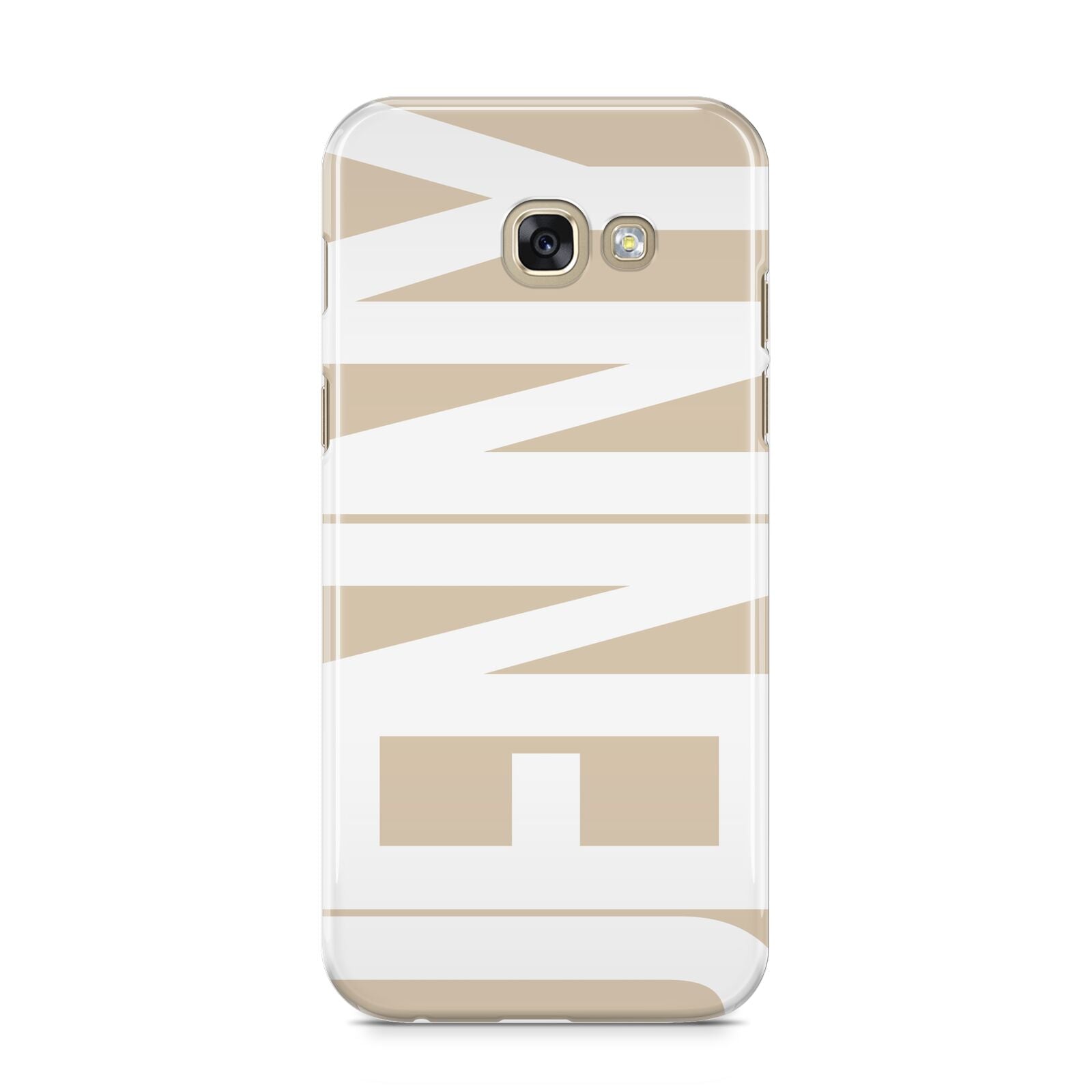 Taupe with Bold White Name Samsung Galaxy A5 2017 Case on gold phone